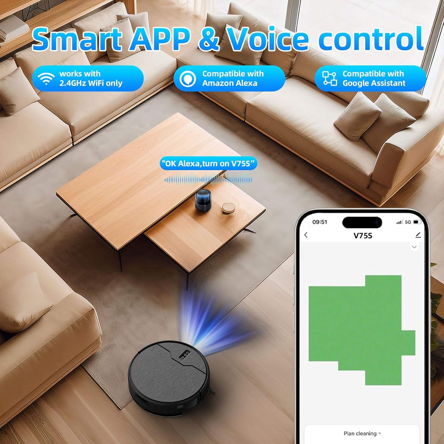 Robot Süpürge ve Paspas Kombinasyonu, Robot Elektrikli Süpürge, 6 Temizleme Modu, Büyük Kapasiteli Su Deposu Çöp Kovası, Kendinden Şarj, WIFI/APP/Alexa, Sert Zemin, Halı, Evcil Hayvan Kılı için İdeal