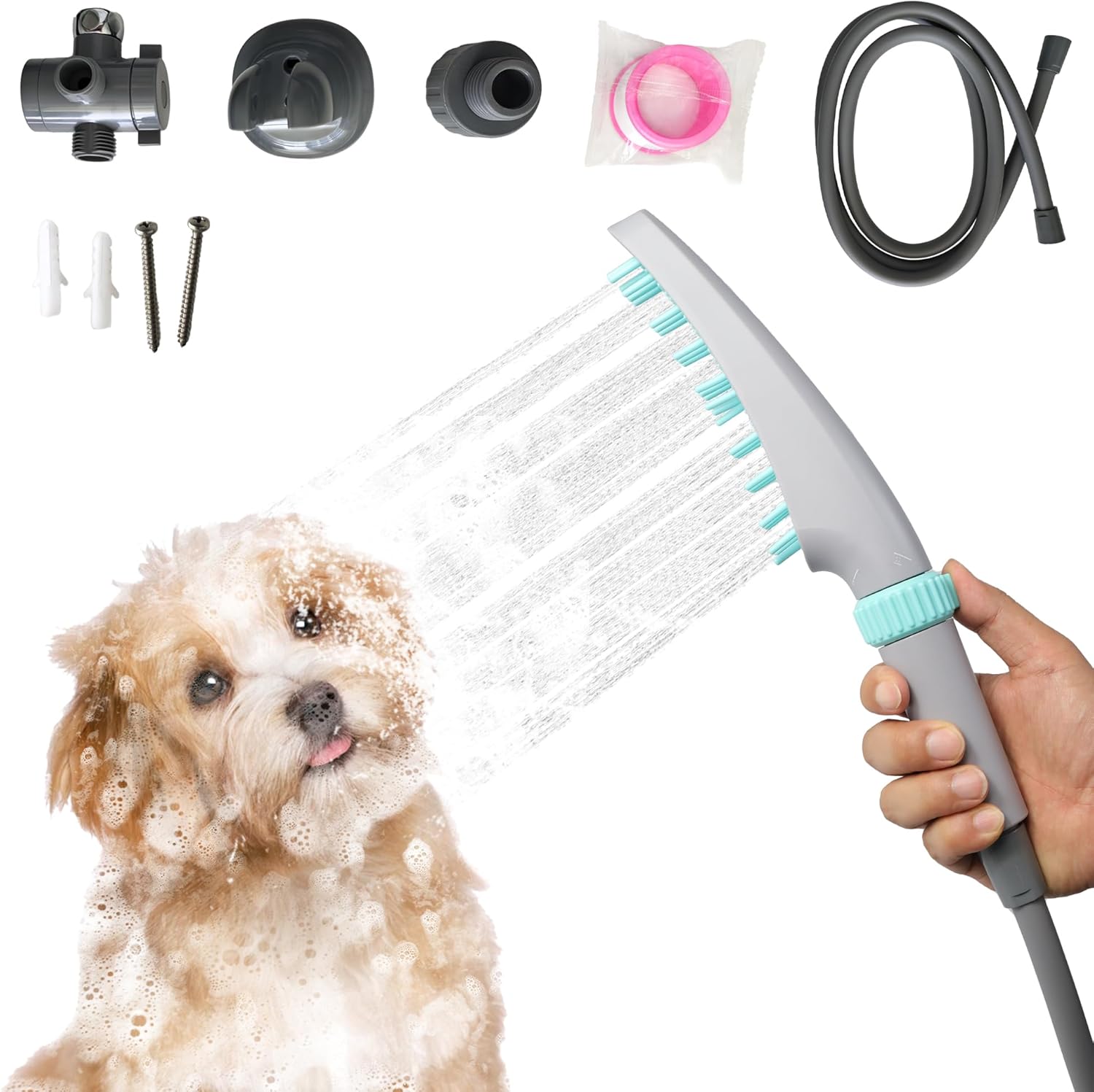 Dog Shower Head, 4 Modes Dog Washing Shower Attachment, Dog Shower Sprayer with 79 Hose  Rubber Soft Brush Pet Bathing amp; Grooming Supplies for Pets (Light Grey)