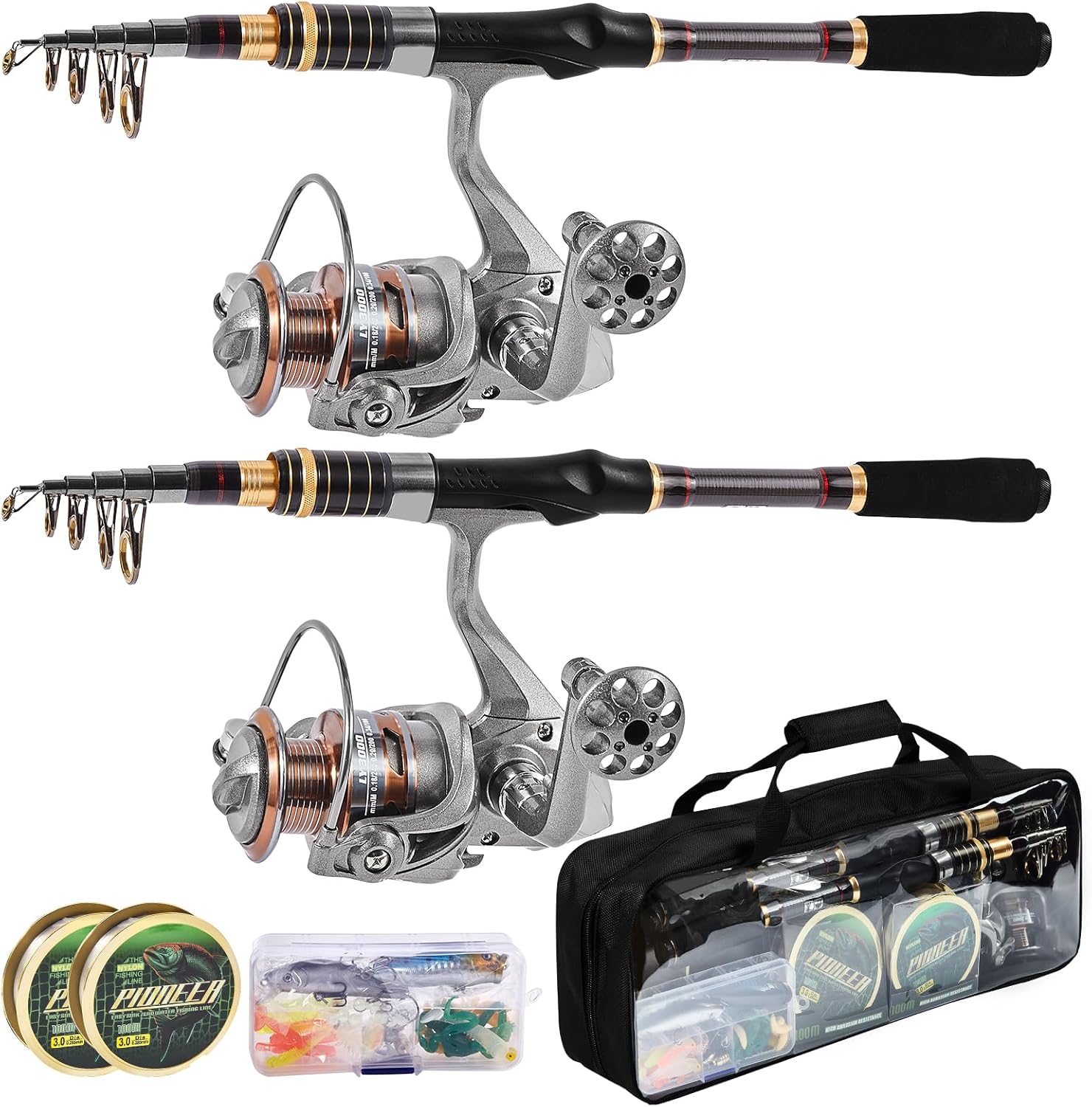 Fishing Rod and Reel Combo 2PCS Collapsible Fishing Kits, Carbon Fiber Fishing Pole Spinning Reel Lures Set with Carrier Bag, Fishing Gear for Adults Travel Saltwater Freshwater