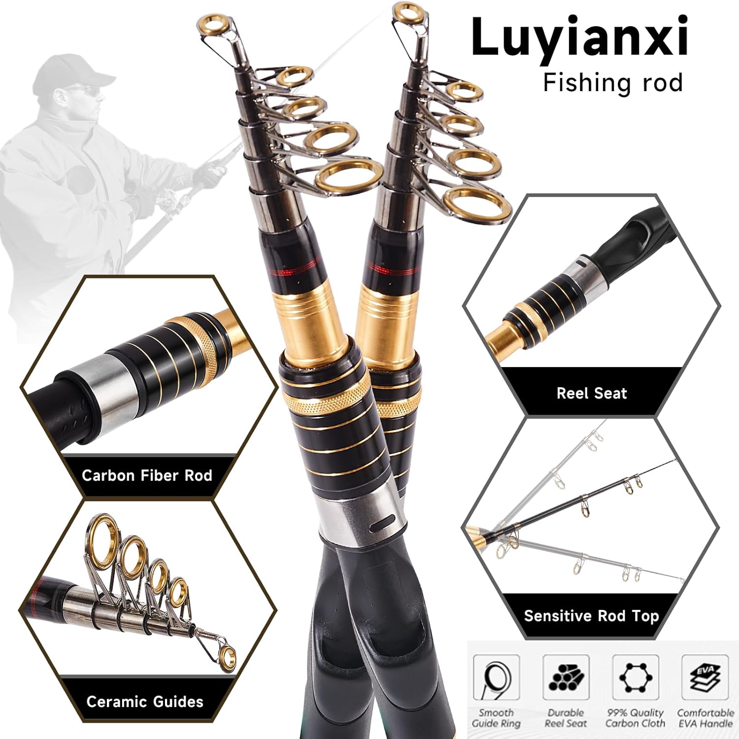 Fishing Rod and Reel Combo 2PCS Collapsible Fishing Kits, Carbon Fiber Fishing Pole Spinning Reel Lures Set with Carrier Bag, Fishing Gear for Adults Travel Saltwater Freshwater · v6