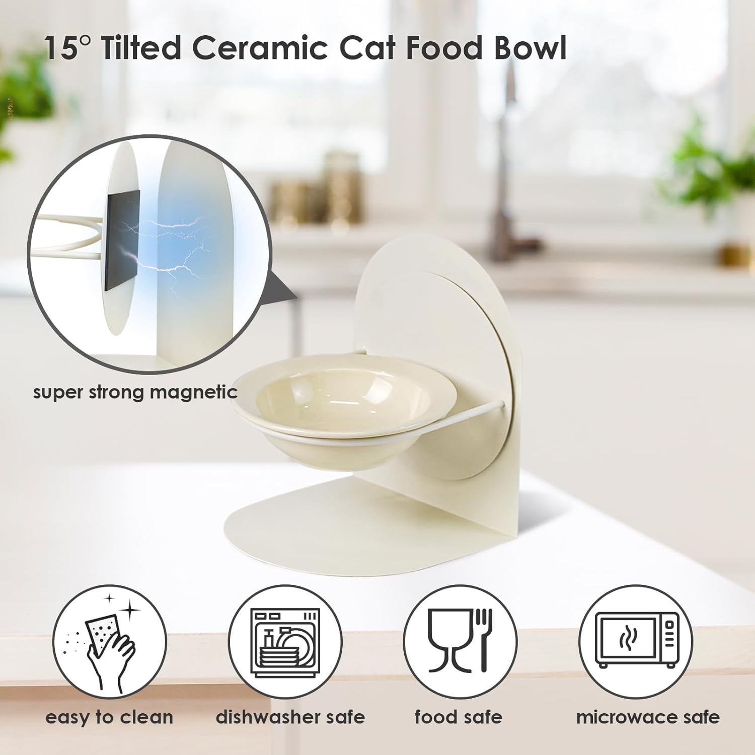 Cuenco elevado e inclinado para gatos de interior para gatos de interior, cuenco de comida para gatos de cerámica elevado con soporte de metal, antideslizante y antiderrames, cuenco de comida para gatos