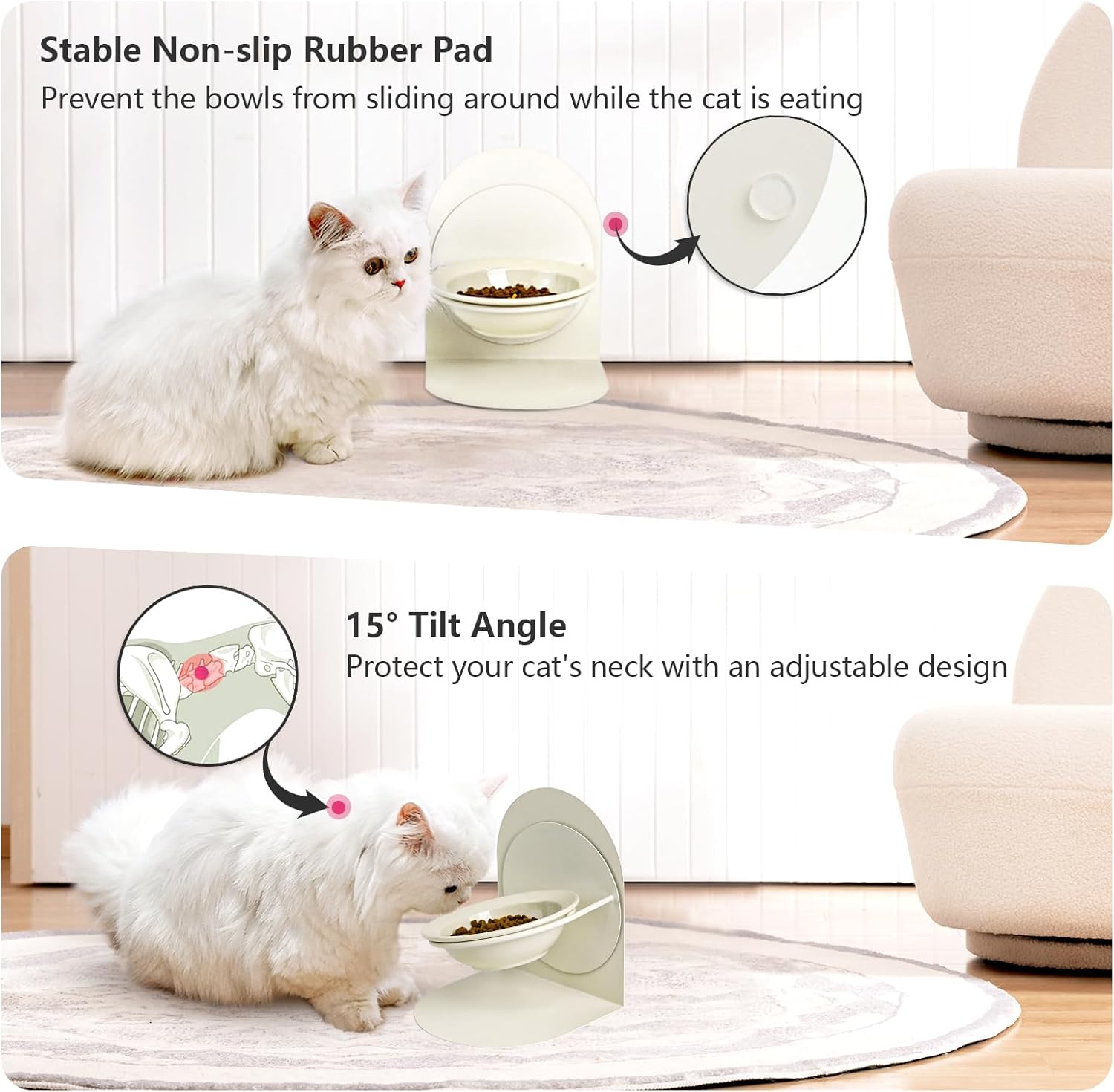 Cuenco elevado e inclinado para gatos de interior para gatos de interior, cuenco de comida para gatos de cerámica elevado con soporte de metal, antideslizante y antiderrames, cuenco de comida para gatos