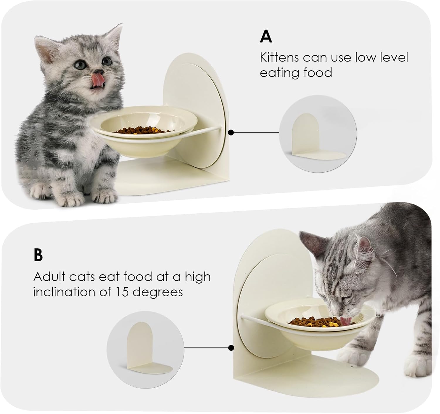 Cuenco elevado e inclinado para gatos de interior para gatos de interior, cuenco de comida para gatos de cerámica elevado con soporte de metal, antideslizante y antiderrames, cuenco de comida para gatos