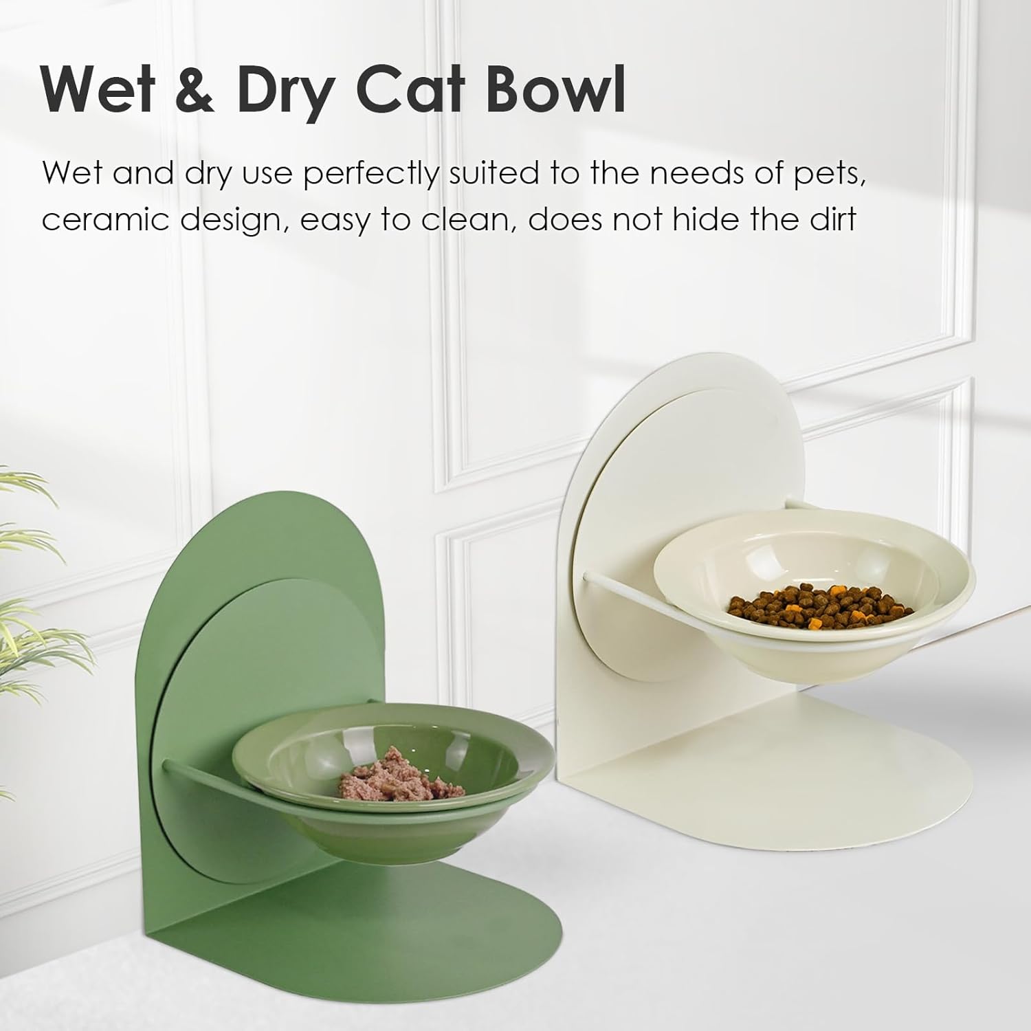 Cuenco elevado e inclinado para gatos de interior para gatos de interior, cuenco de comida para gatos de cerámica elevado con soporte de metal, antideslizante y antiderrames, cuenco de comida para gatos