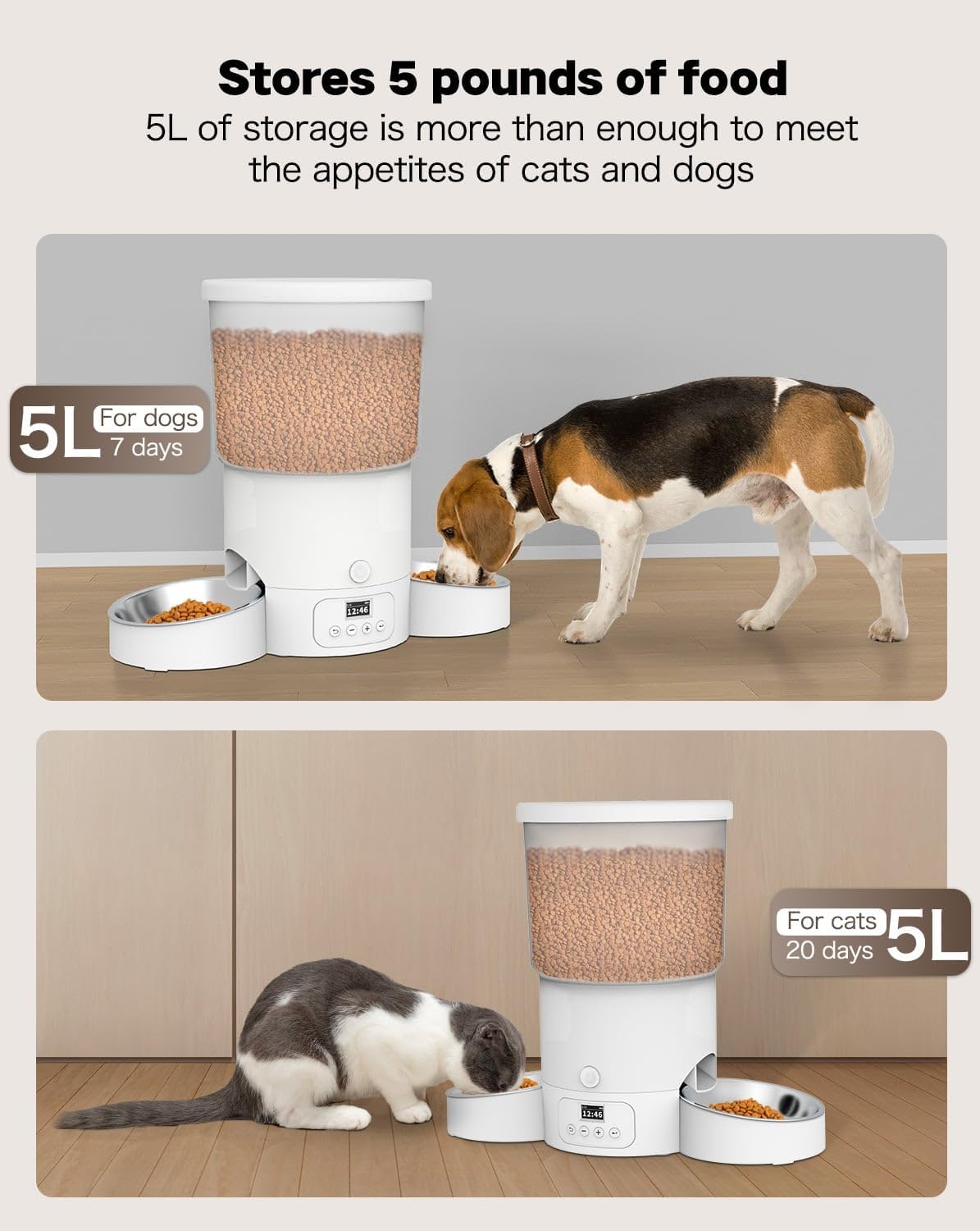 เครื่องให้อาหารแมวอัตโนมัติสำหรับแมว 2 ตัว 20 ถ้วย/5 ลิตร เครื่องให้อาหารแมวอัตโนมัติ SURDY สำหรับสัตว์เลี้ยงขนาดเล็ก เครื่องให้อาหารแมวอัตโนมัติสำหรับอาหารแห้ง แหล่งจ่ายไฟคู่และตั้งเวลา 12 มื้อ 6 มื้อต่อวัน