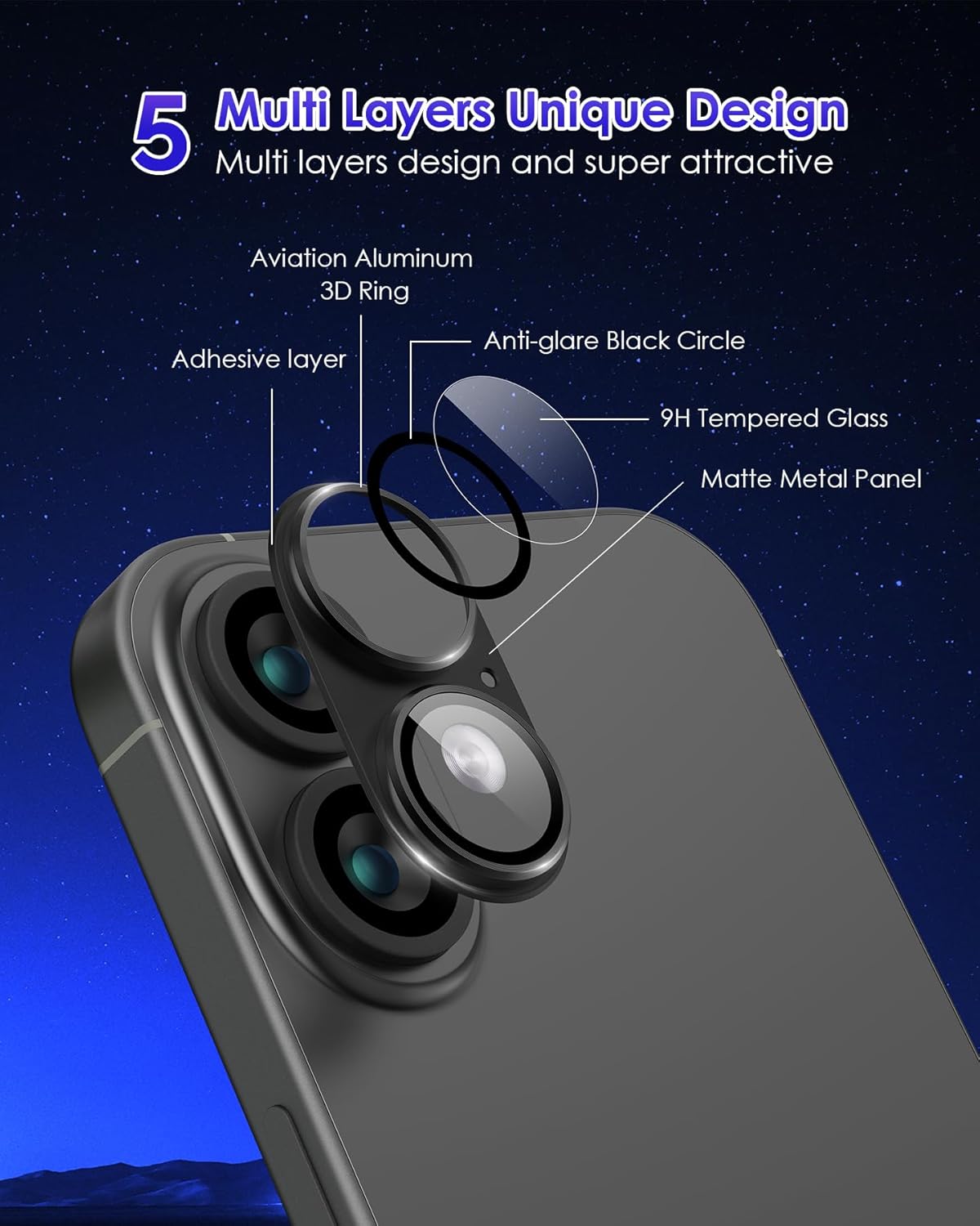 Kameraobjektivschutz für iPhone 16 Plus/iPhone 16, Metall plus Aluminiumlegierung, Ring aus 9H-Hartglas, Displayschutzhülle, freundliche Kameraabdeckung für iPhone 16, Schwarz, Schwarz