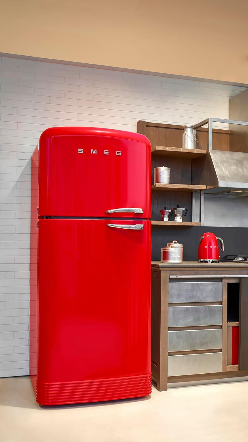 Smeg FAB50 50er Jahre, ästhetischer Tiefkühlschrank mit Gefrierfach, mit Eismaschine, 19,28 Cu, Gesamtkapazität, Multiflow-Kühlsystem, verstellbare Glasablagen, Scharnier für rechte Hand, Rot