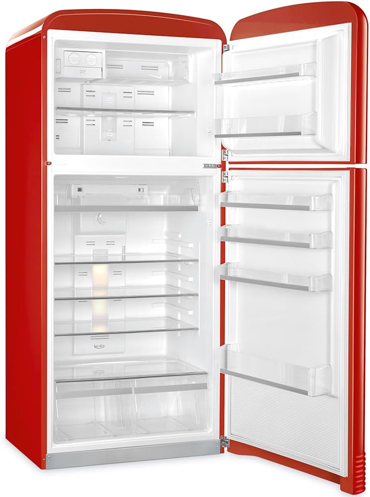 Smeg FAB50 50er Jahre, ästhetischer Tiefkühlschrank mit Gefrierfach, mit Eismaschine, 19,28 Cu, Gesamtkapazität, Multiflow-Kühlsystem, verstellbare Glasablagen, Scharnier für rechte Hand, Rot