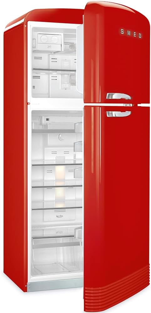 Smeg FAB50 50er Jahre, ästhetischer Tiefkühlschrank mit Gefrierfach, mit Eismaschine, 19,28 Cu, Gesamtkapazität, Multiflow-Kühlsystem, verstellbare Glasablagen, Scharnier für rechte Hand, Rot