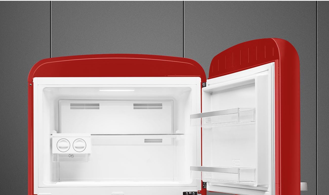 Smeg FAB50 50er Jahre, ästhetischer Tiefkühlschrank mit Gefrierfach, mit Eismaschine, 19,28 Cu, Gesamtkapazität, Multiflow-Kühlsystem, verstellbare Glasablagen, Scharnier für rechte Hand, Rot