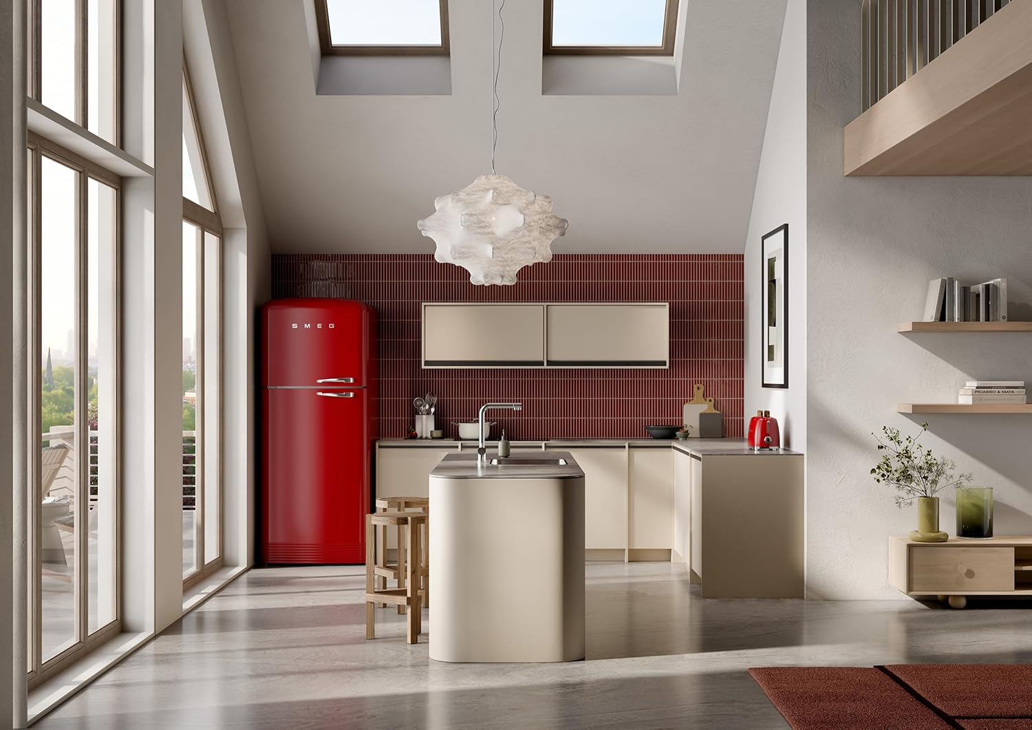 Smeg FAB50 50er Jahre, ästhetischer Tiefkühlschrank mit Gefrierfach, mit Eismaschine, 19,28 Cu, Gesamtkapazität, Multiflow-Kühlsystem, verstellbare Glasablagen, Scharnier für rechte Hand, Rot