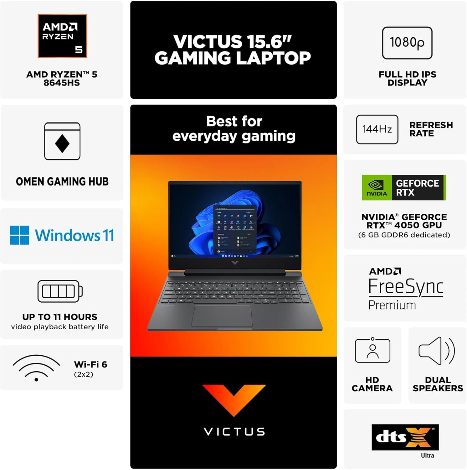 كمبيوتر محمول للألعاب HP Victus، شاشة 15.6 بوصة FHD IPS 144 هرتز، AMD Ryzen 5-8645HS، NVIDIA GeForce RTX 4050، Wi-Fi 6، لوحة مفاتيح بإضاءة خلفية، نظام التشغيل Windows 11 Home، مع لوحة ماوس (ذاكرة وصول عشوائي 16 جيجابايت | SSD PCIe سعة 1 تيرابايت)