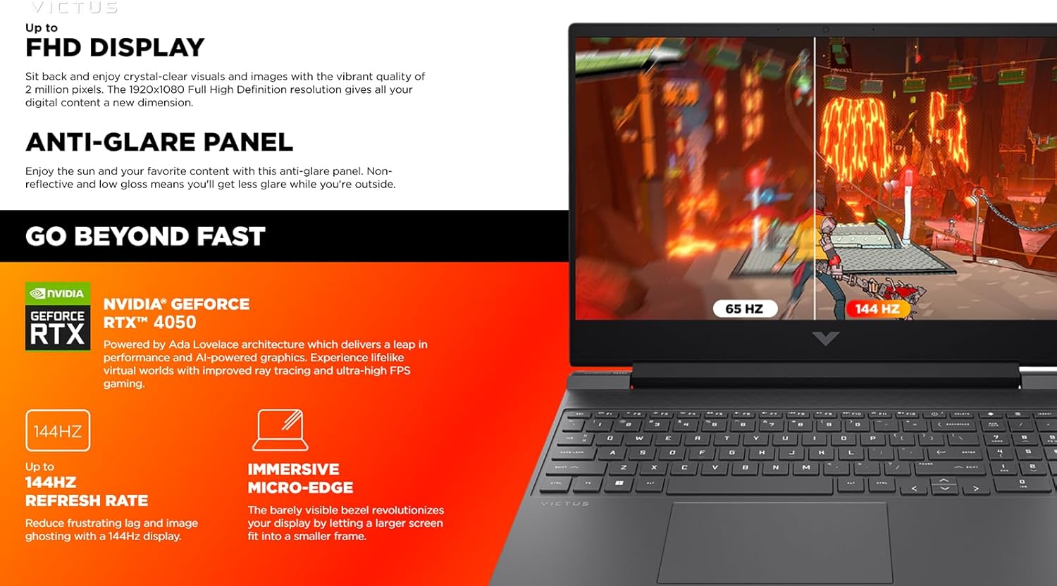 كمبيوتر محمول للألعاب HP Victus، شاشة 15.6 بوصة FHD IPS 144 هرتز، AMD Ryzen 5-8645HS، NVIDIA GeForce RTX 4050، Wi-Fi 6، لوحة مفاتيح بإضاءة خلفية، نظام التشغيل Windows 11 Home، مع لوحة ماوس (ذاكرة وصول عشوائي 16 جيجابايت | SSD PCIe سعة 1 تيرابايت)