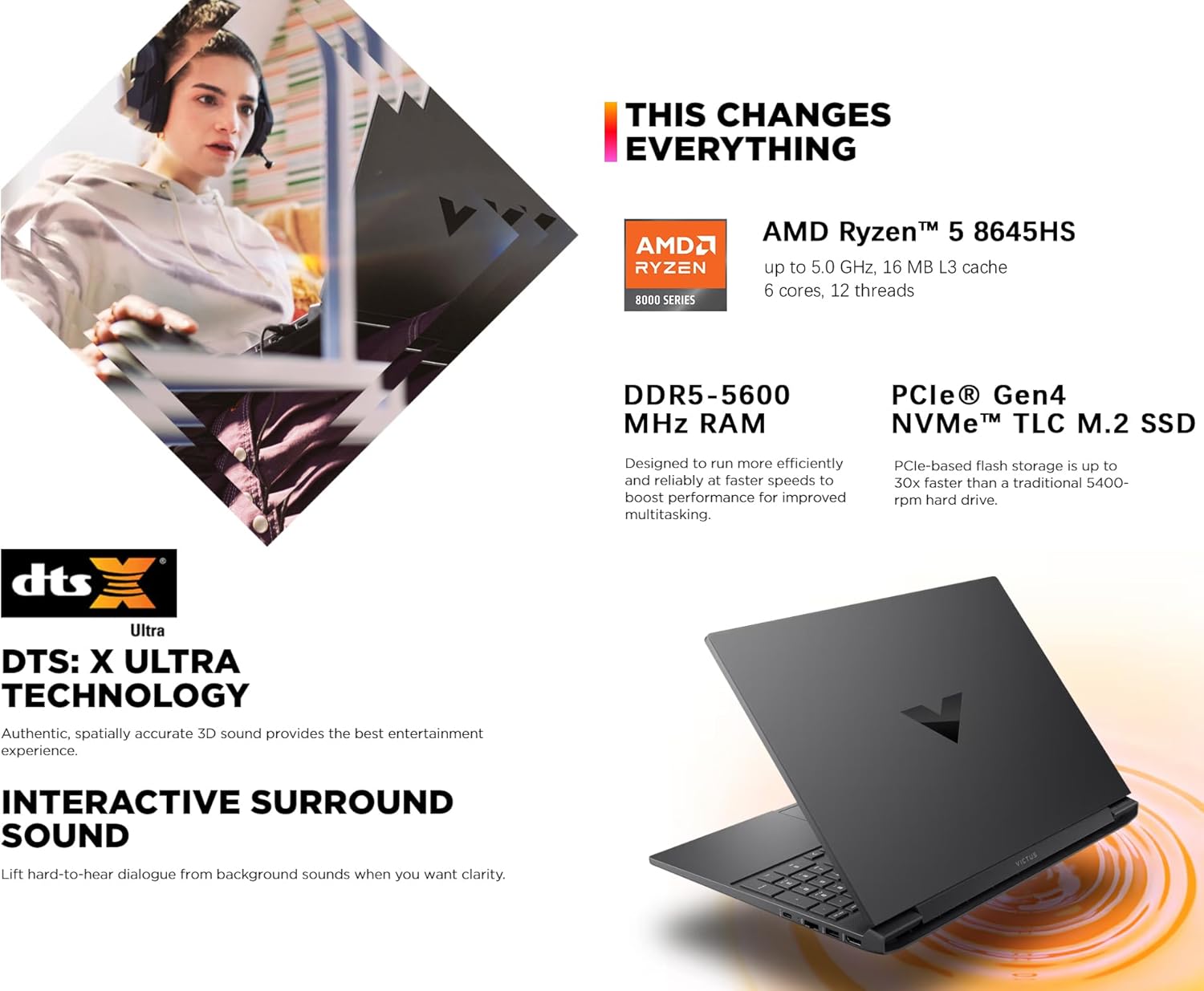كمبيوتر محمول للألعاب HP Victus، شاشة 15.6 بوصة FHD IPS 144 هرتز، AMD Ryzen 5-8645HS، NVIDIA GeForce RTX 4050، Wi-Fi 6، لوحة مفاتيح بإضاءة خلفية، نظام التشغيل Windows 11 Home، مع لوحة ماوس (ذاكرة وصول عشوائي 16 جيجابايت | SSD PCIe سعة 1 تيرابايت)