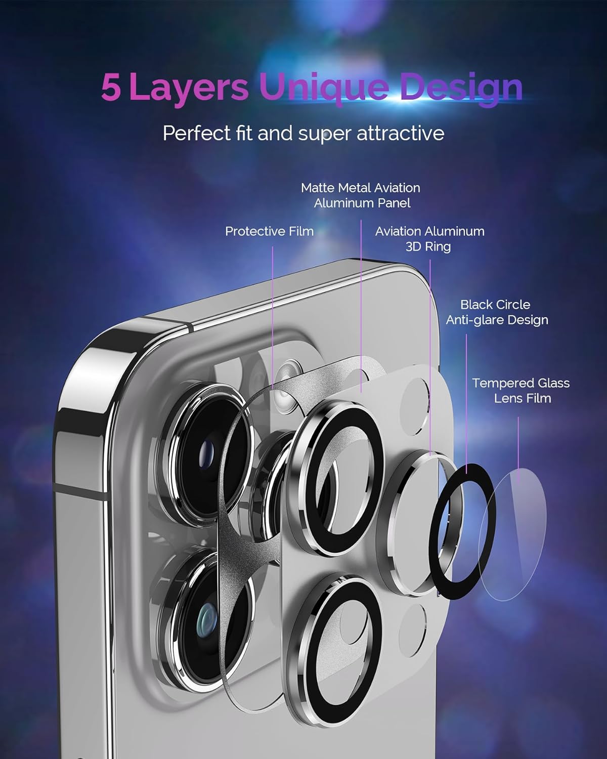 protecteur d'objectif d'appareil photo pour iPhone 15 Pro/iPhone 15 Pro Max [Protection contre les chutes] [Couverture complète] [Métal 3D] [Étui compatible avec les coques] Coque de caméra en verre trempé pour iPhone 15 Pro Max, titane, argent