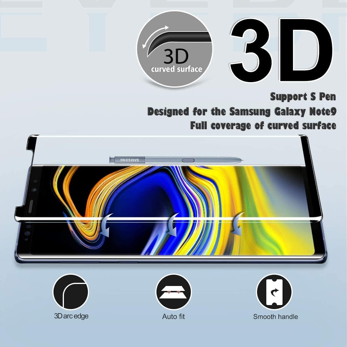 Ochraniacz ekranu Galaxy Note 9, 3-pakowa osłona ekranu ze szkła hartowanego Note 9【Pakiet 3】Łatwa instalacja, ochraniacz ekranu ze szkła hartowanego o twardości 3D 9H do Samsung Galaxy Note 9