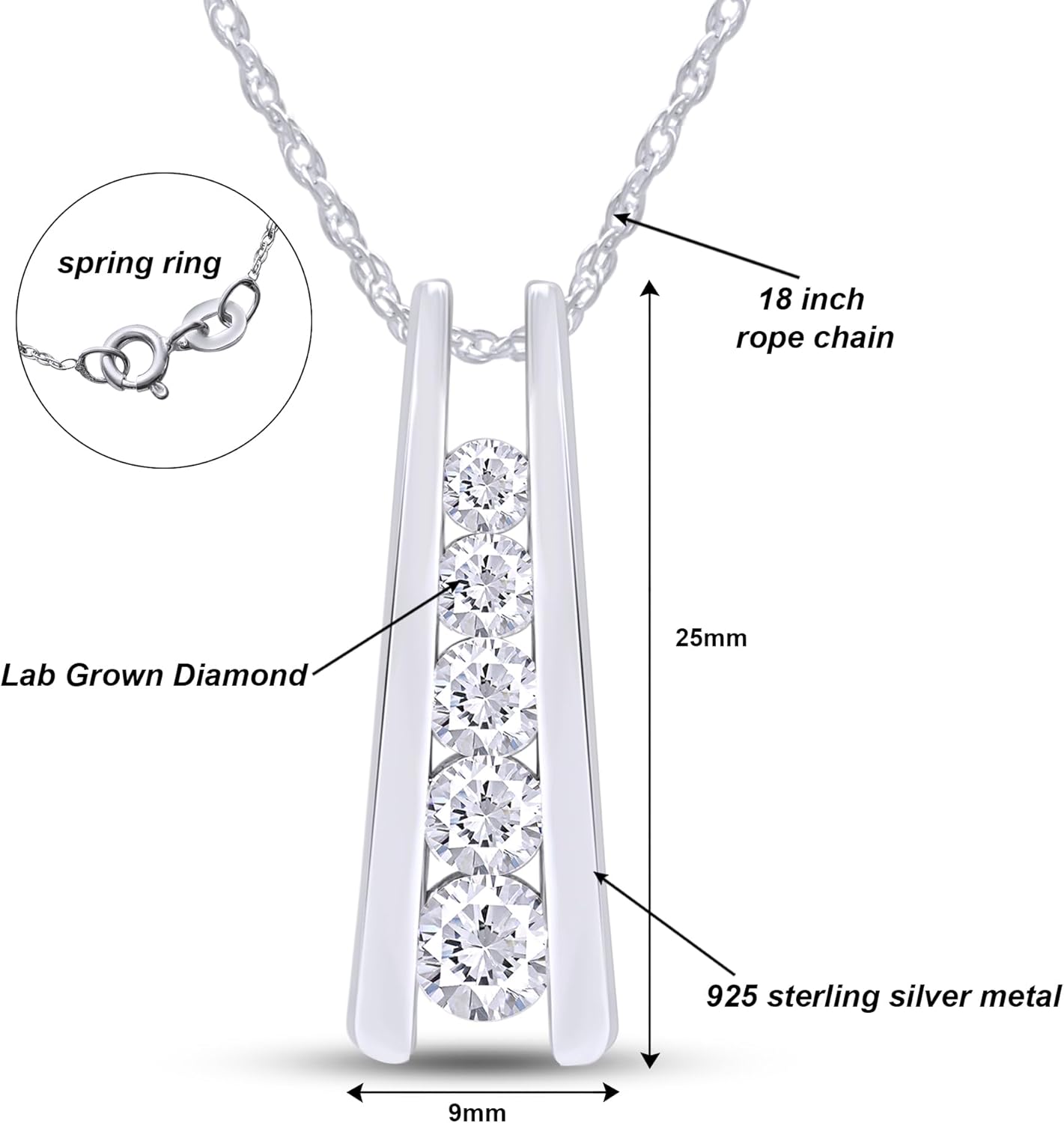 SAVEARTH DIAMONDS 1,25 Karat, im Labor hergestellter Moissanite, im Labor gewachsener Diamant, Fünf-Stein-Journey Bar-Anhänger, aus 14-karätigem Gold, Schmuck aus Sterlingsilber, mit 18er Kette, Geschenk für sie