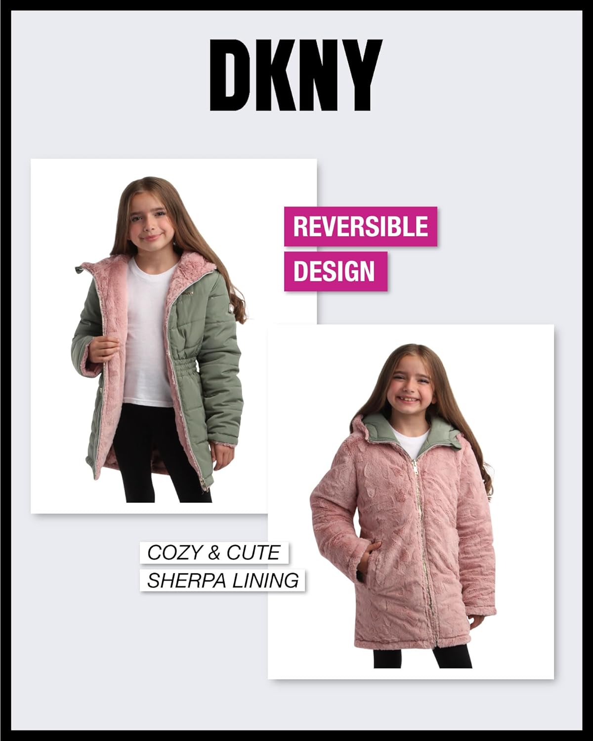 DKNY Girls’ Jacket – Reversible Heavyweight Quilted Parka Coat with Sherpa Lining – Reversible Jacket for Girls (4-16)