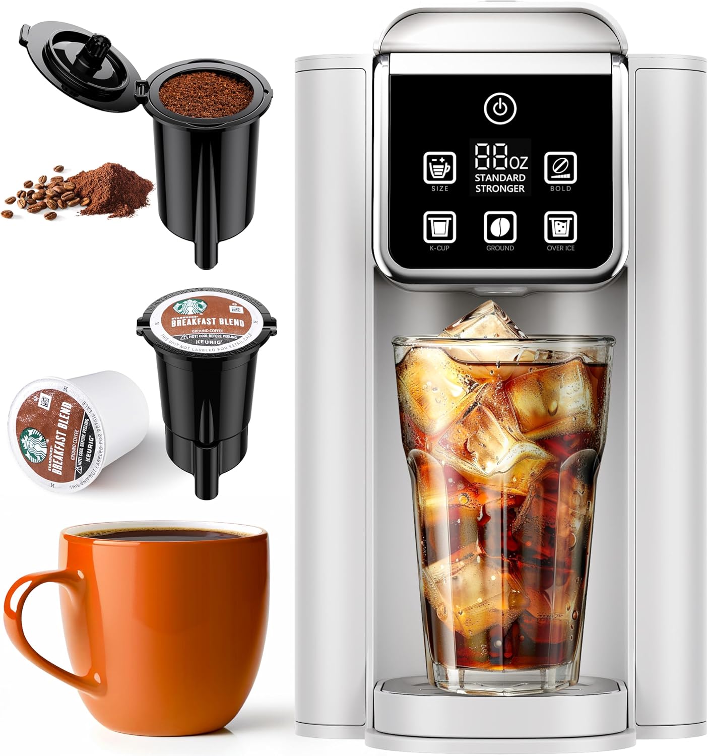 เครื่องชงกาแฟเย็นร้อนพร้อมการตั้งค่าแบบเข้มข้น เครื่องชงกาแฟแบบเสิร์ฟครั้งเดียวสำหรับ K Cup และกากกาแฟ ขนาดชง 6-14 ออนซ์ ถังน้ำแบบถอดได้ 50 ออนซ์ เครื่องชงกาแฟแบบ 1 ถ้วยพร้อมตัวกรองแบบใช้ซ้ำได้ สีขาว