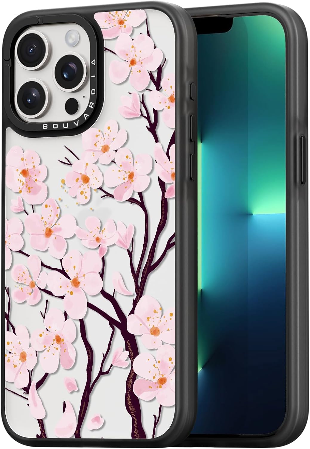 Bouvardia for iPhone 13 Pro Case Cute Aesthetic,Shockproof Black Girly Floral Phone Cover for Women Girls Men,Cherry Blossom Design