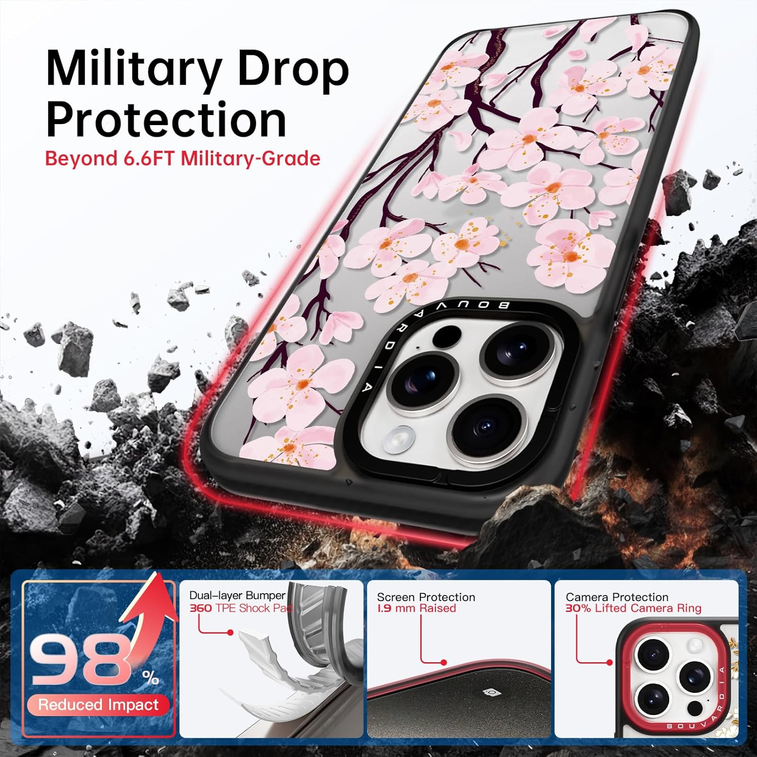 جراب Bouvardia لهاتف iPhone 13 Pro، جراب هاتف أسود مقاوم للصدمات، لطيف وجميل، مزين بزهور الكرز، للنساء والفتيات والرجال