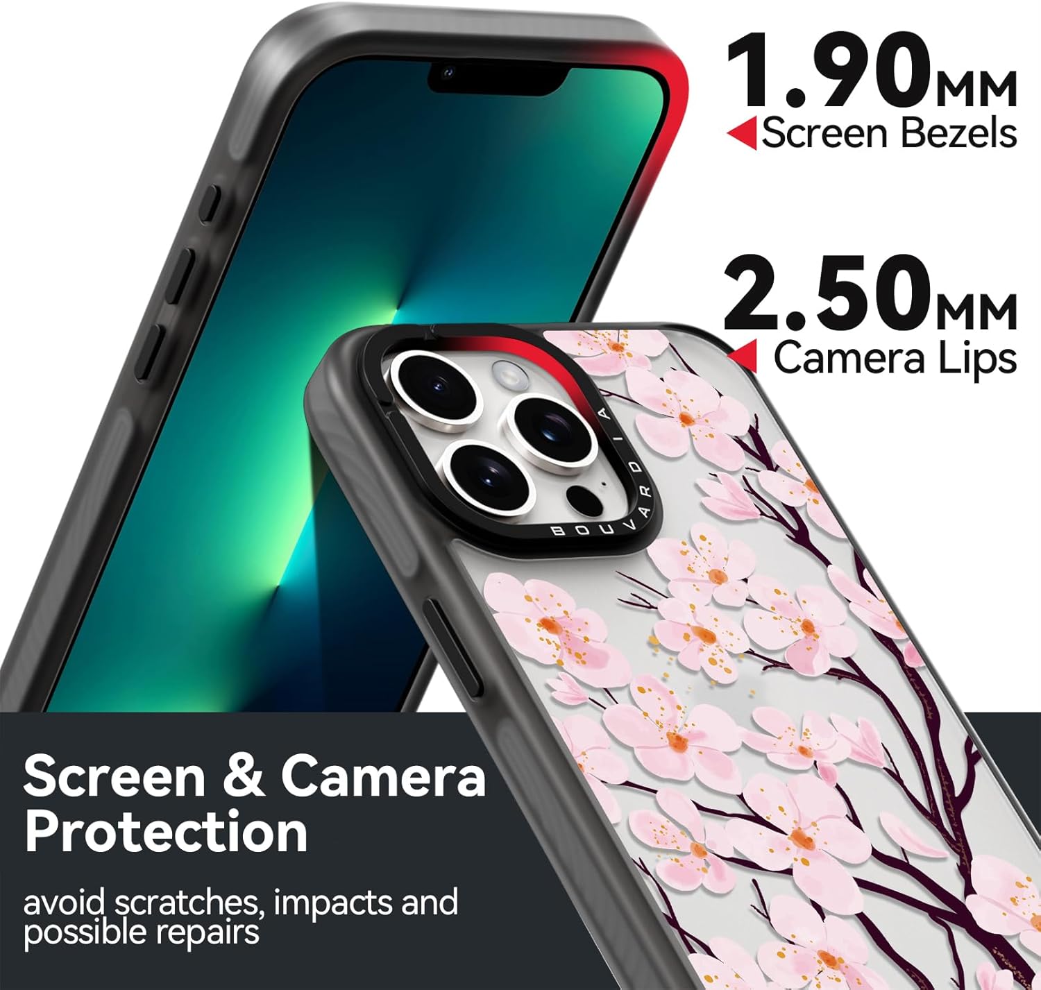 جراب Bouvardia لهاتف iPhone 13 Pro، جراب هاتف أسود مقاوم للصدمات، لطيف وجميل، مزين بزهور الكرز، للنساء والفتيات والرجال