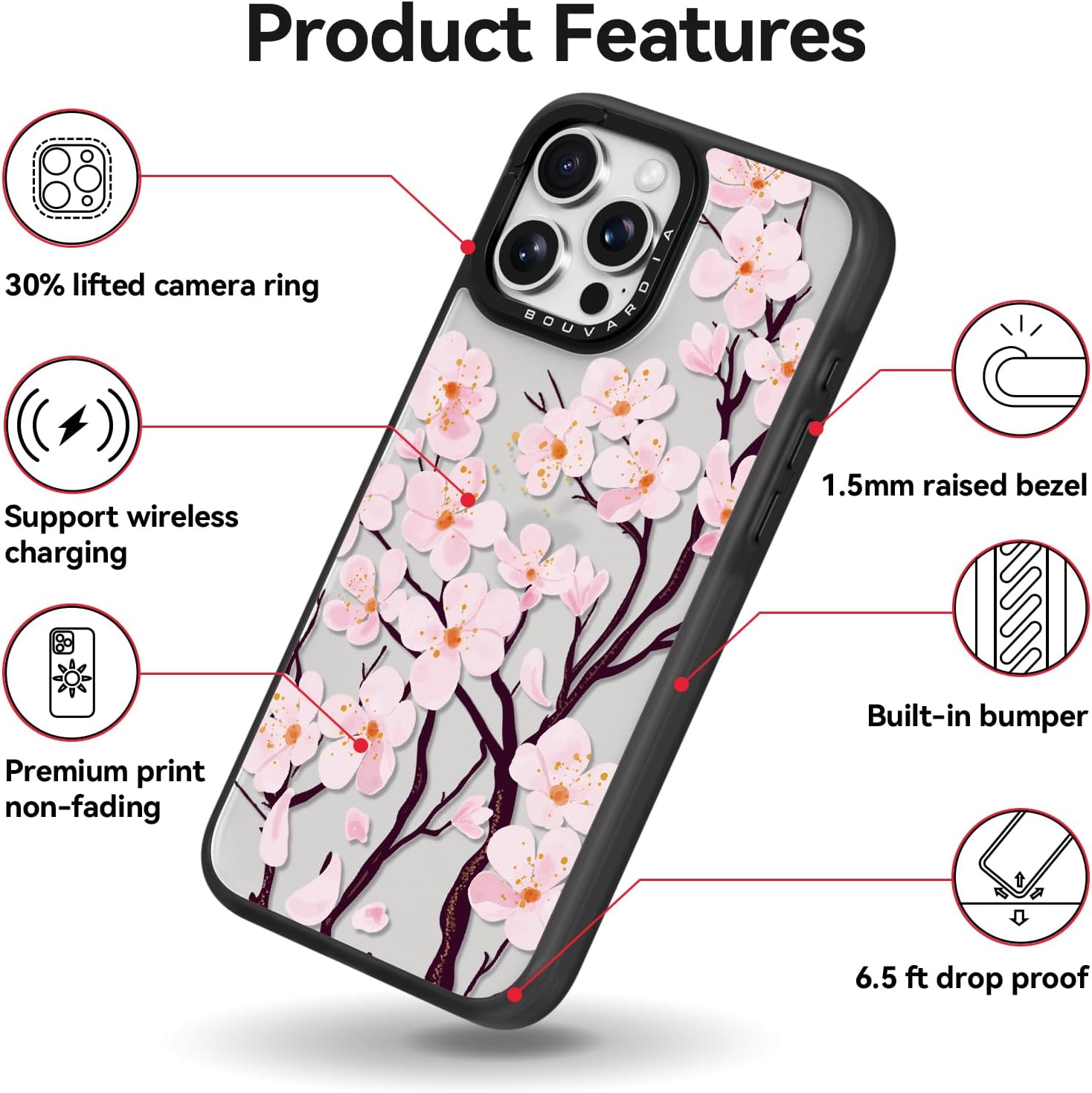 جراب Bouvardia لهاتف iPhone 13 Pro، جراب هاتف أسود مقاوم للصدمات، لطيف وجميل، مزين بزهور الكرز، للنساء والفتيات والرجال