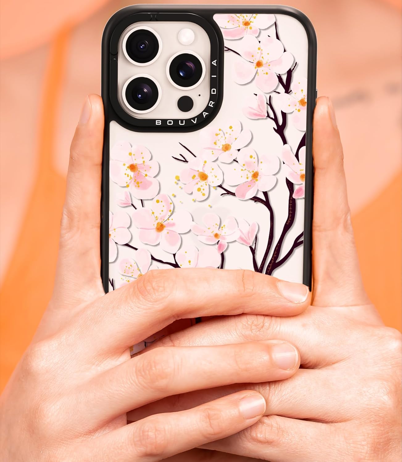 جراب Bouvardia لهاتف iPhone 13 Pro، جراب هاتف أسود مقاوم للصدمات، لطيف وجميل، مزين بزهور الكرز، للنساء والفتيات والرجال