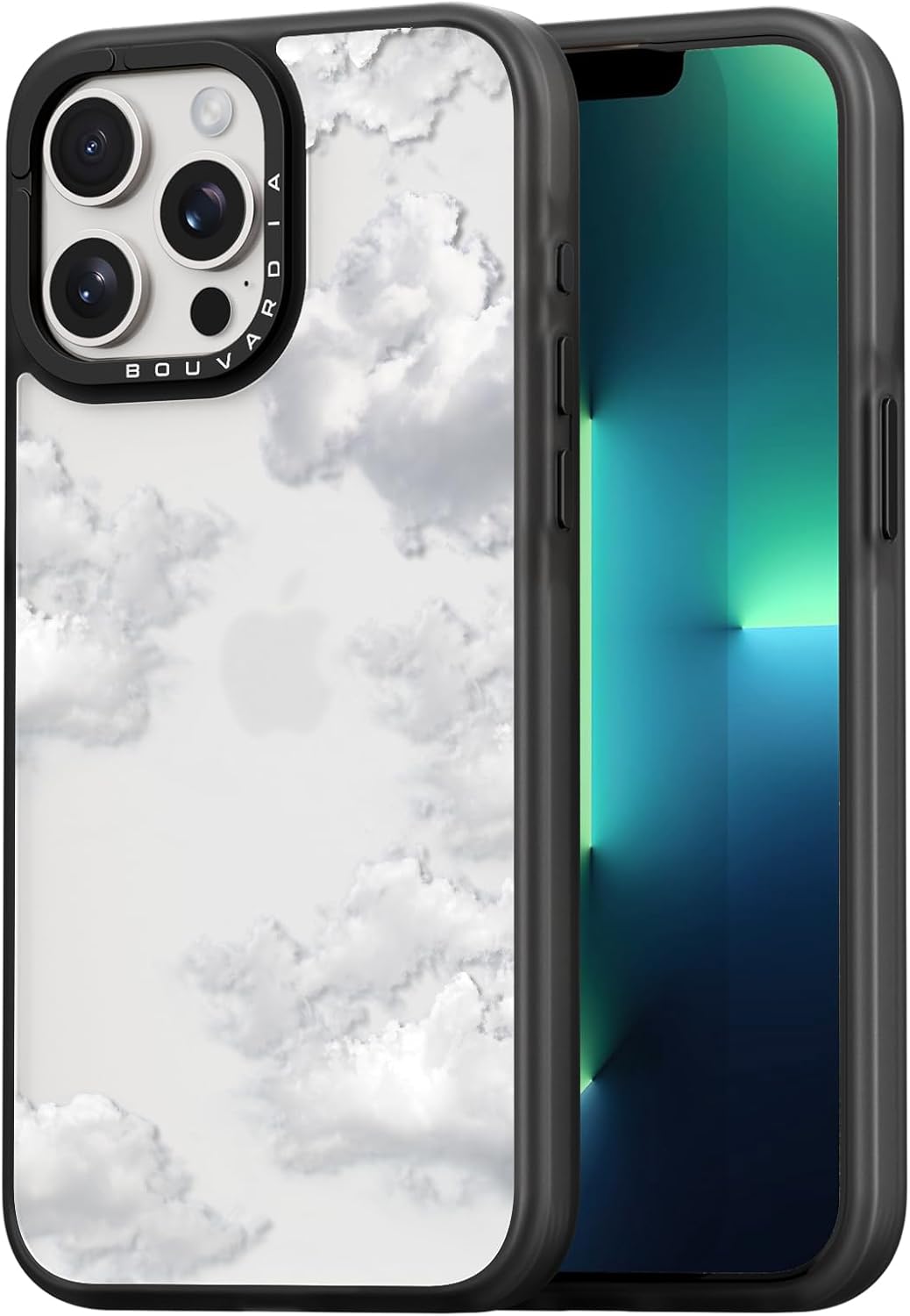 Bouvardia for iPhone 13 Pro Case Cute Aesthetic,Shockproof Black Girly Floral Phone Cover for Women Girls Men,Clouds Design