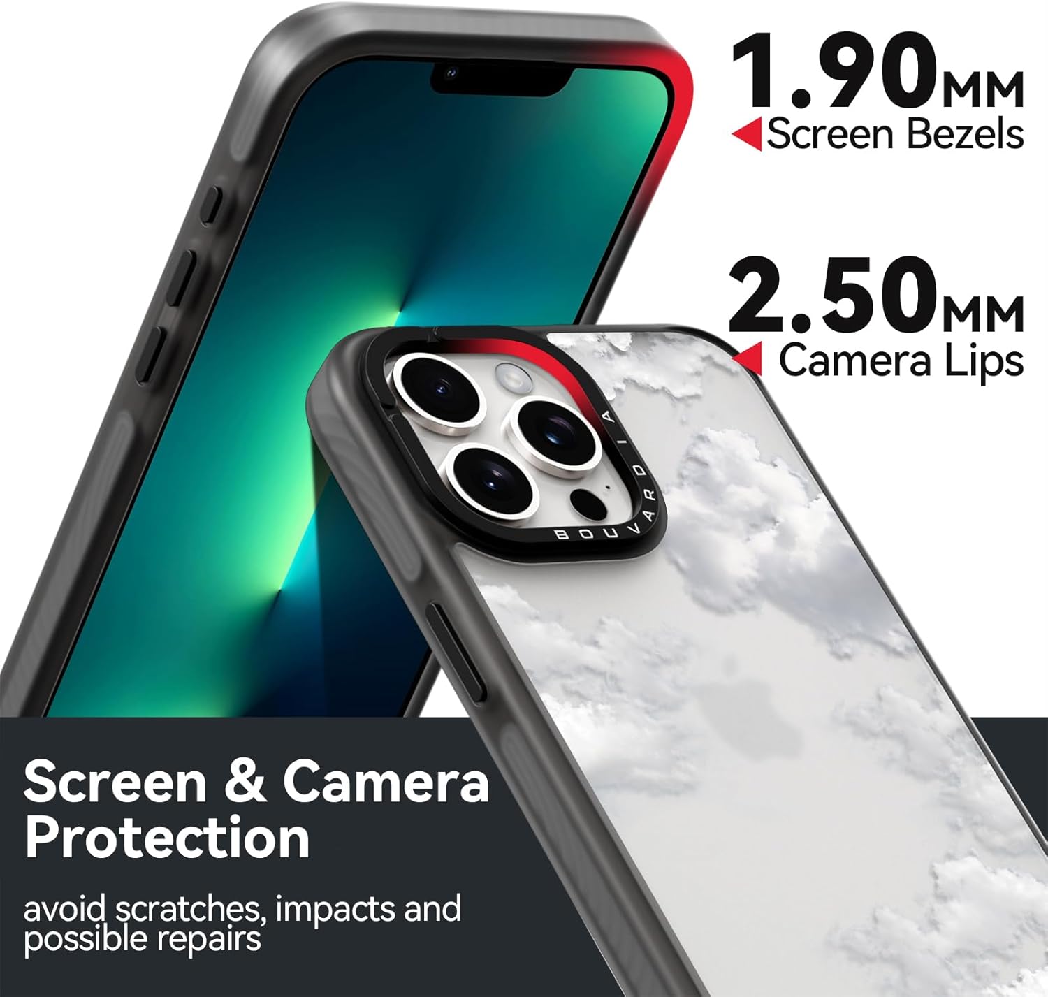 Bouvardia for iPhone 13 Pro Case Cute Aesthetic,Shockproof Black Girly Floral Phone Cover for Women Girls Men,Clouds Design