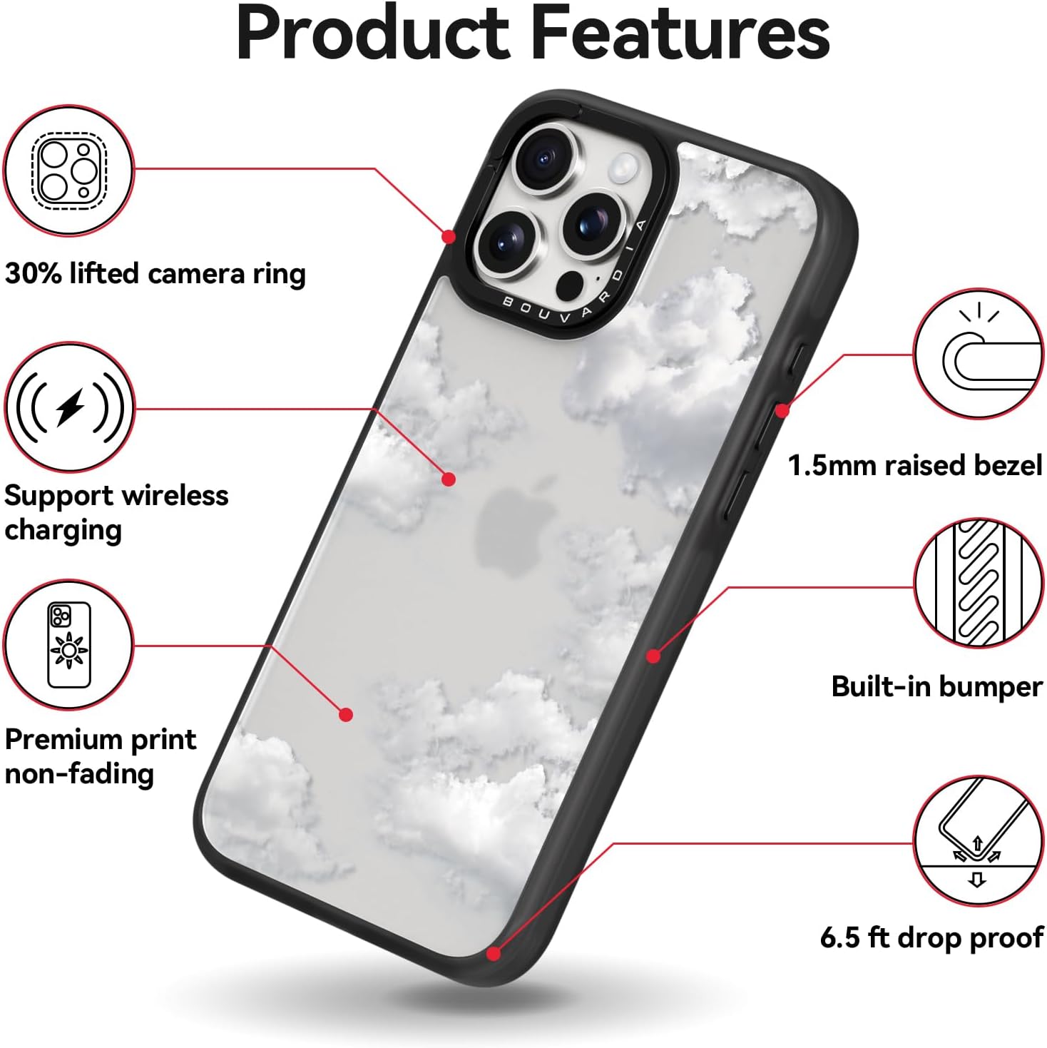 Bouvardia for iPhone 13 Pro Case Cute Aesthetic,Shockproof Black Girly Floral Phone Cover for Women Girls Men,Clouds Design