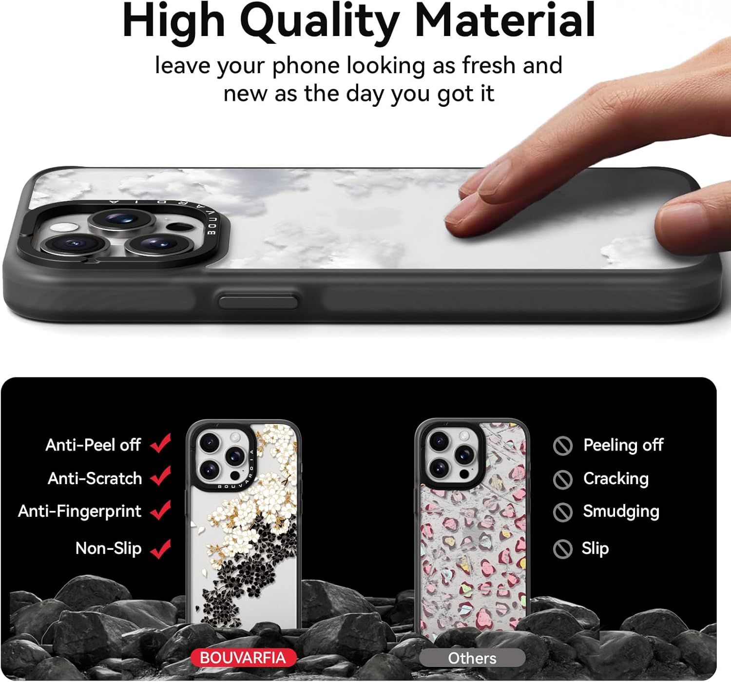 Bouvardia for iPhone 13 Pro Case Cute Aesthetic,Shockproof Black Girly Floral Phone Cover for Women Girls Men,Clouds Design