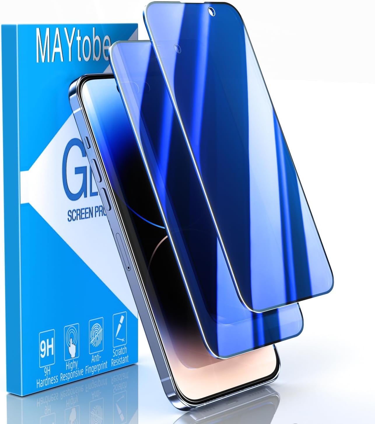 MayToBe [Lot de 2 films de protection d'écran conçus pour iPhone 15 Plus, verre trempé anti-lumière bleue, protection des yeux, bleu anti-espion, dégradé de couleurs, anti-rayures