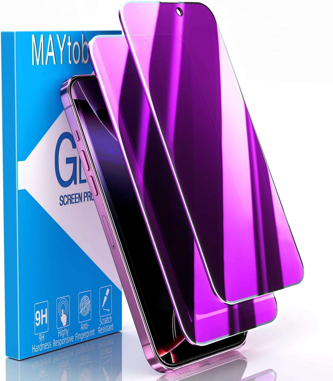 MAYtobe [2-Pack Privacy Screen Protector Designed for iPhone 16 Plus Anti-Blue Light Tempered Glass, Purple Anti-Spy, Eye Protection, Colorful Gradient