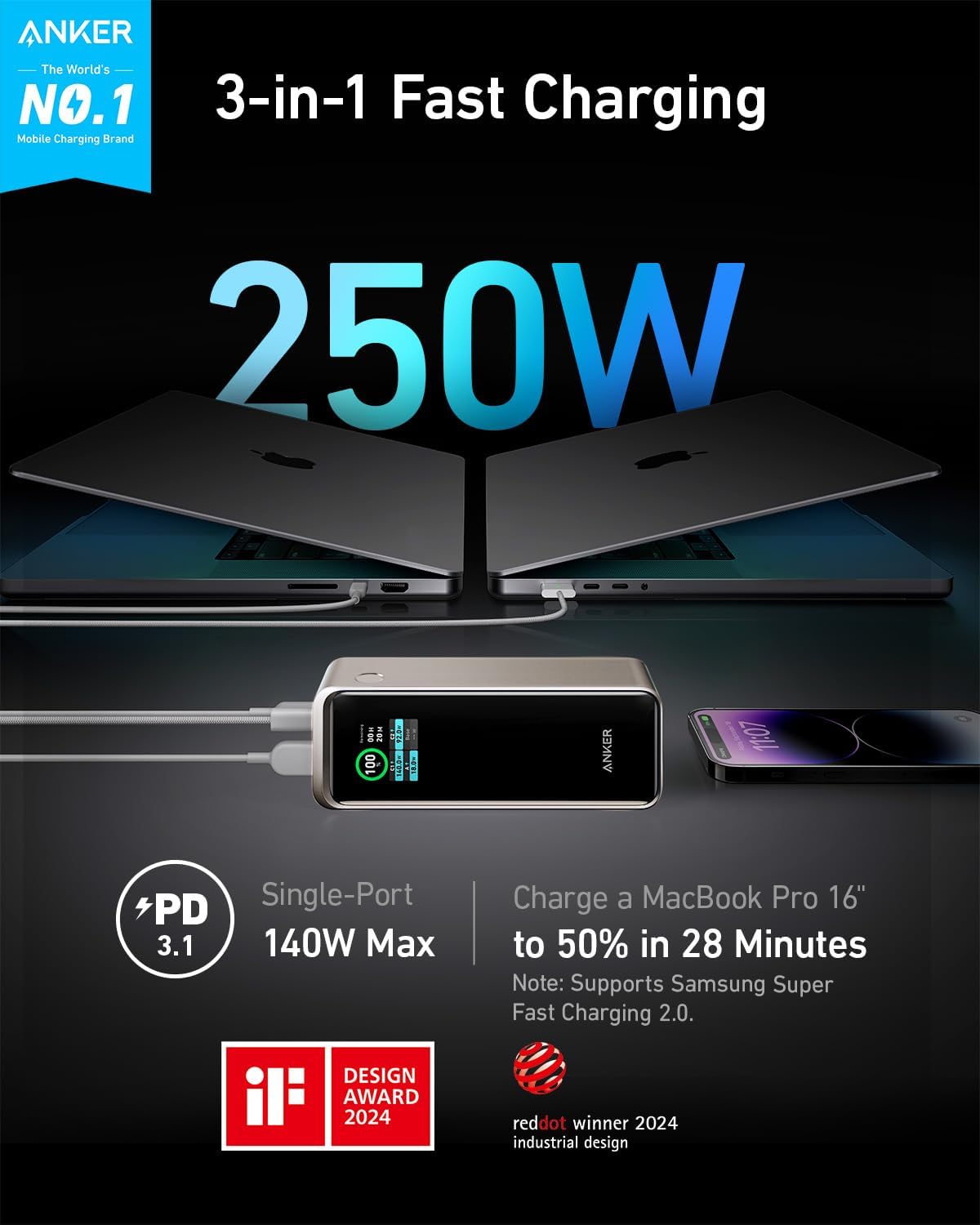 Banque d'alimentation Anker Prime 27 650 mAh (250 W) avec base de chargement de 100 W, chargeur portable 3 en 1 pour iPhone, batterie externe 10 000 mAh avec câble USB-C intégré et prise secteur pliable