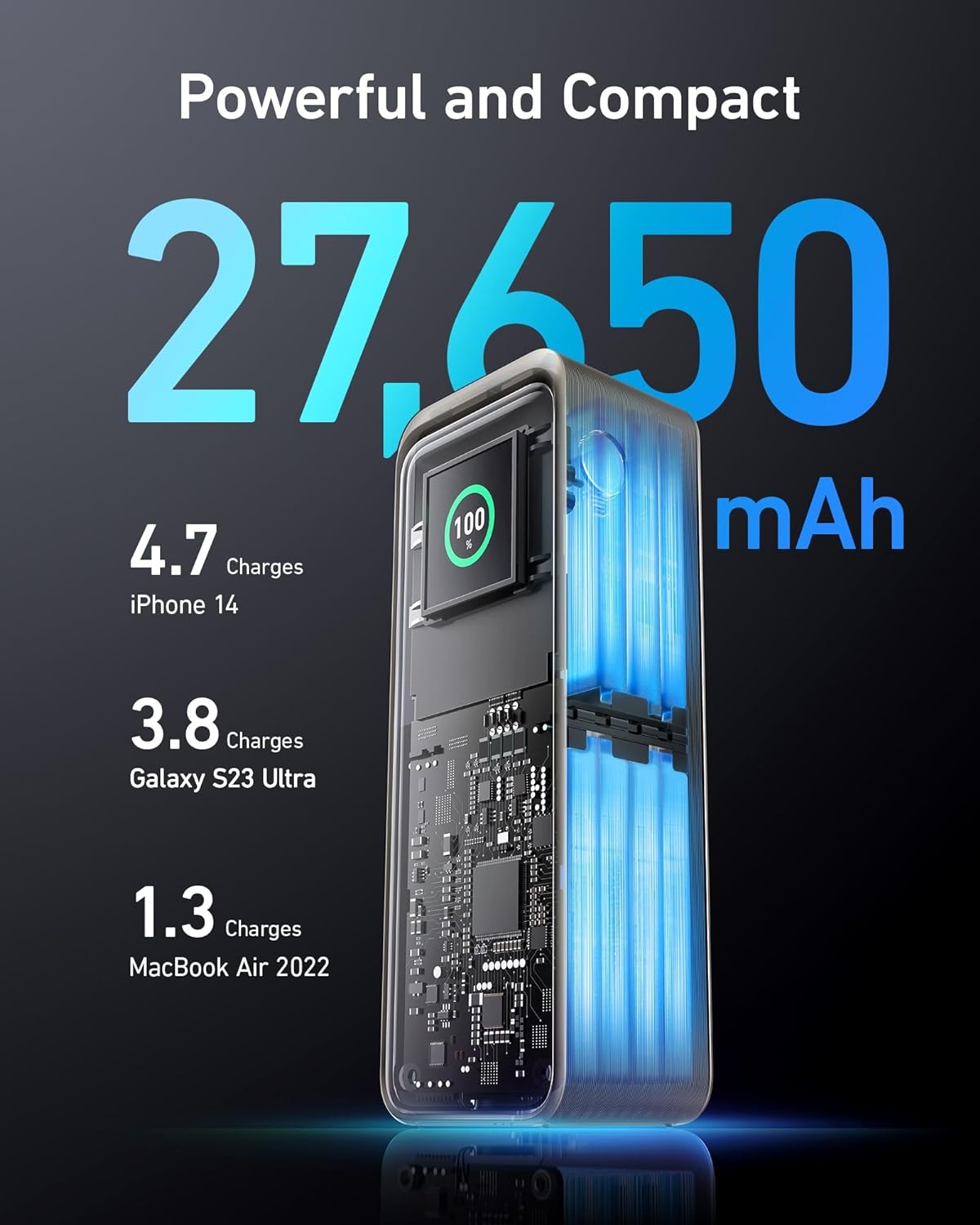 Banque d'alimentation Anker Prime 27 650 mAh (250 W) avec base de chargement de 100 W, chargeur portable 3 en 1 pour iPhone, batterie externe 10 000 mAh avec câble USB-C intégré et prise secteur pliable