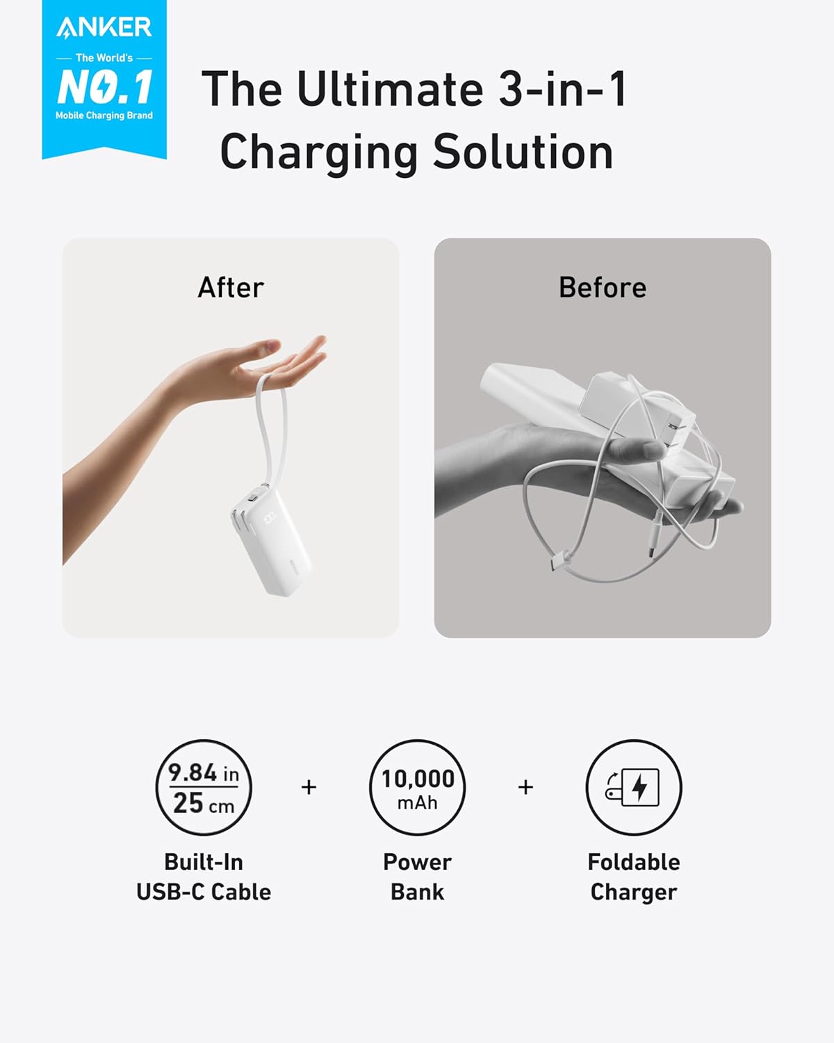 Banque d'alimentation Anker Prime 27 650 mAh (250 W) avec base de chargement de 100 W, chargeur portable 3 en 1 pour iPhone, batterie externe 10 000 mAh avec câble USB-C intégré et prise secteur pliable
