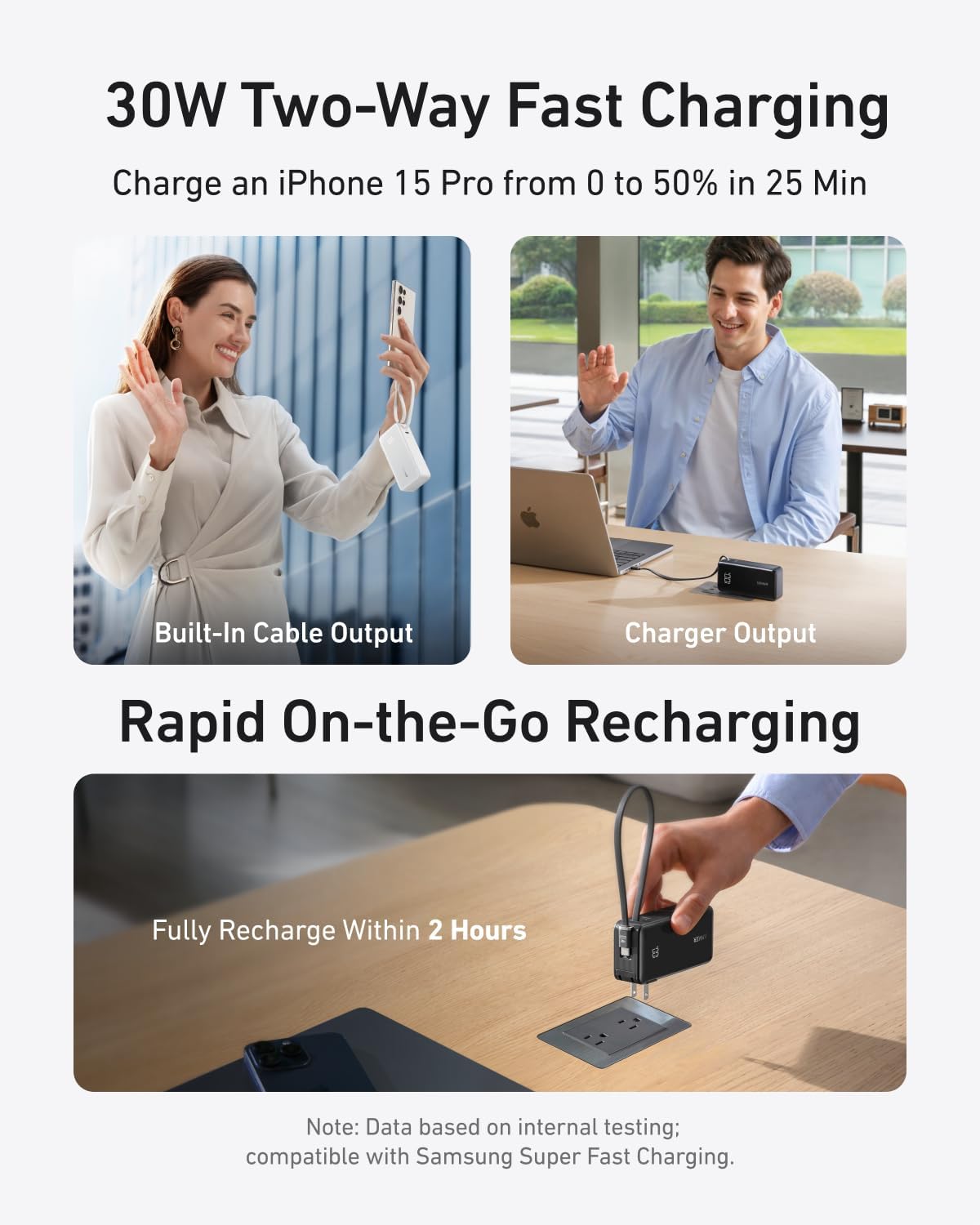 Banque d'alimentation Anker Prime 27 650 mAh (250 W) avec base de chargement de 100 W, chargeur portable 3 en 1 pour iPhone, batterie externe 10 000 mAh avec câble USB-C intégré et prise secteur pliable