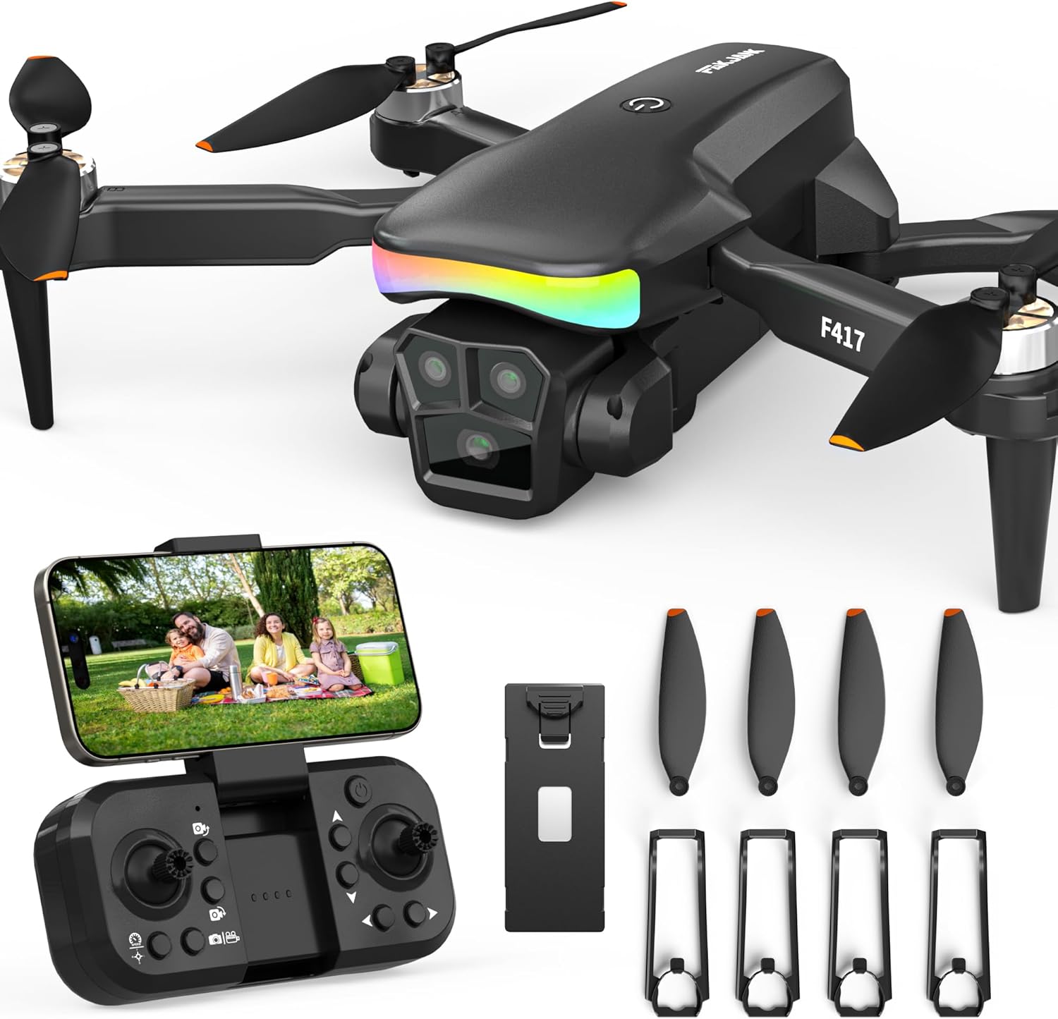 Drone F417 avec caméra 1080P pour débutants et adultes, lumière LED RGB, objectif électrique réglable à 90°, mini-quadricoptère FPV avec caméra vidéo en direct, retournement à 360°, décollage et atterrissage à une touche, étui de transport, noir