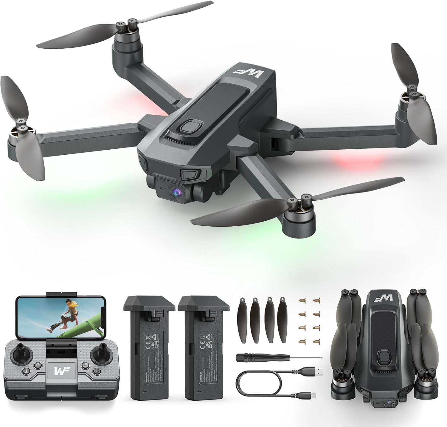 Drone con fotocamera per bambini Droni FPV 1080P per principianti con trasmissione 5G, quadricottero RC pieghevole WeFone WF20, piccoli giocattoli Dron, motore brushless, Altitude Hold, 3D flips, 2 batterie