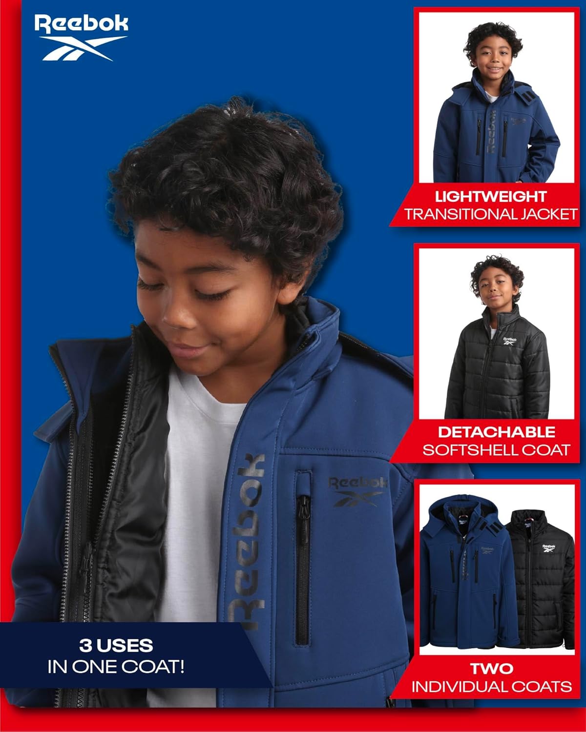 Reebok Boys Winter Coat – Waterproof Softshell Jacket with Removable Puffer Parka – System Ski Jacket for Boys (8-20)