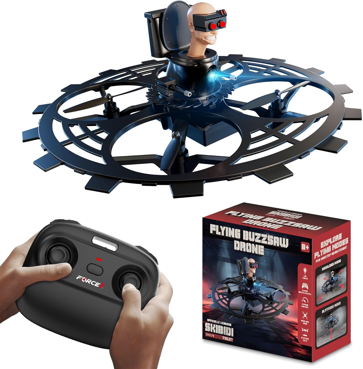 طائرة بدون طيار Skibidi Toilet Toy RC مرخصة رسميًا من Force1 - طائرة بدون طيار Jetpack Flying Buzzsaw صغيرة، وضع بدون رأس، تثبيت الارتفاع، التحكم في السرعة، طائرات بدون طيار قابلة لإعادة الشحن بتردد 2.4 جيجا هرتز للتحكم عن بعد