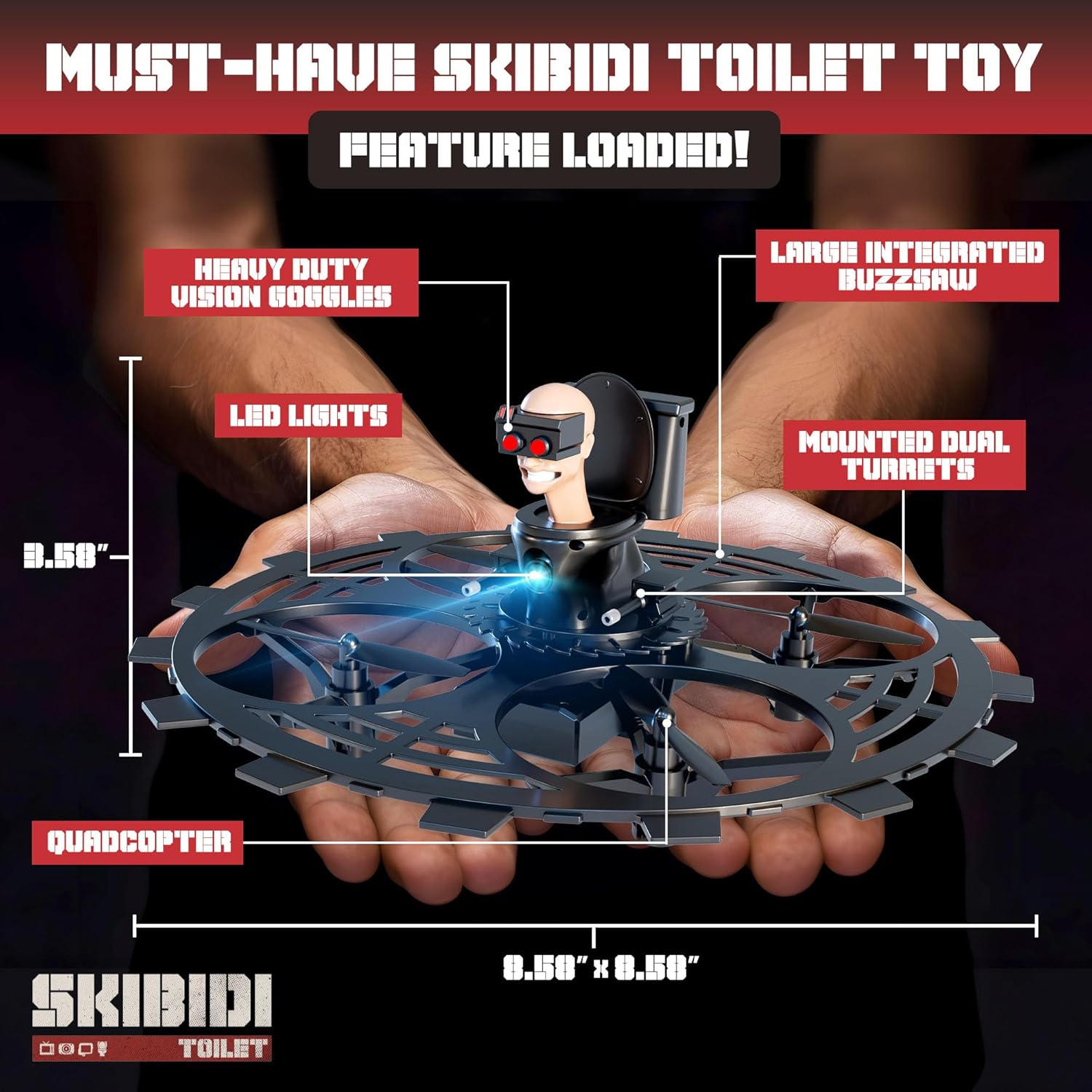 طائرة بدون طيار Skibidi Toilet Toy RC مرخصة رسميًا من Force1 - طائرة بدون طيار Jetpack Flying Buzzsaw صغيرة، وضع بدون رأس، تثبيت الارتفاع، التحكم في السرعة، طائرات بدون طيار قابلة لإعادة الشحن بتردد 2.4 جيجا هرتز للتحكم عن بعد