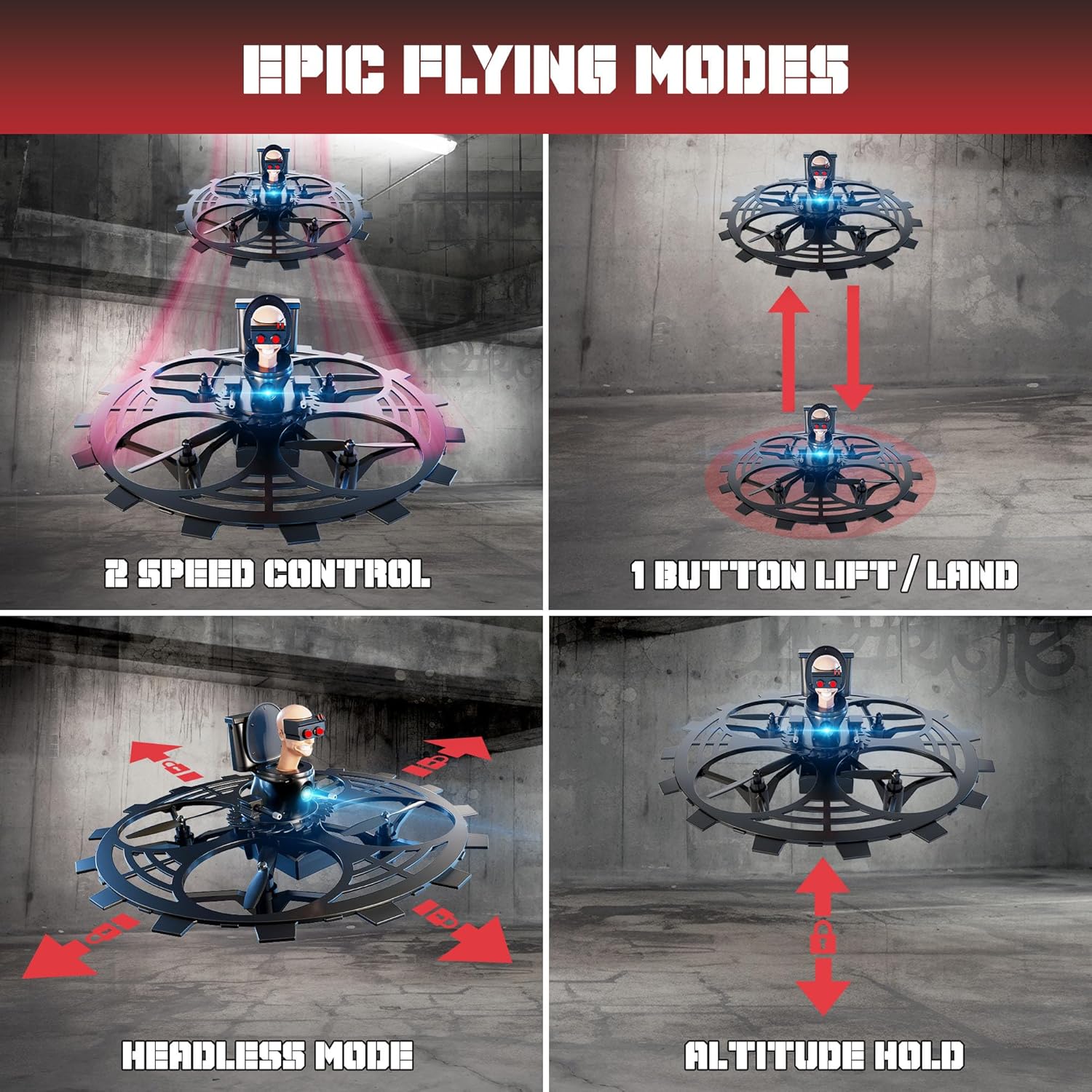 طائرة بدون طيار Skibidi Toilet Toy RC مرخصة رسميًا من Force1 - طائرة بدون طيار Jetpack Flying Buzzsaw صغيرة، وضع بدون رأس، تثبيت الارتفاع، التحكم في السرعة، طائرات بدون طيار قابلة لإعادة الشحن بتردد 2.4 جيجا هرتز للتحكم عن بعد