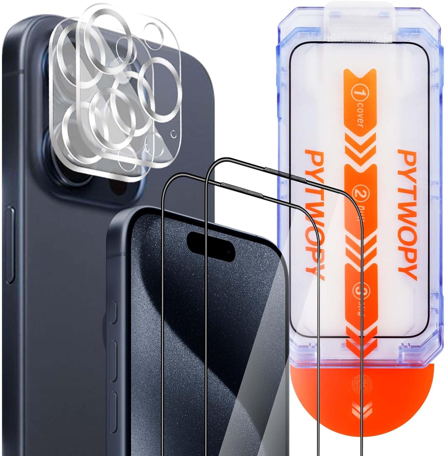 Glass Screen Protector for iPhone 15 Pro Max 6.7 inch[2 Pack][Easy Installation],with 2 Camera Lens Protectors,HD Clear Full Screen Tempered Glass,Case Friendly