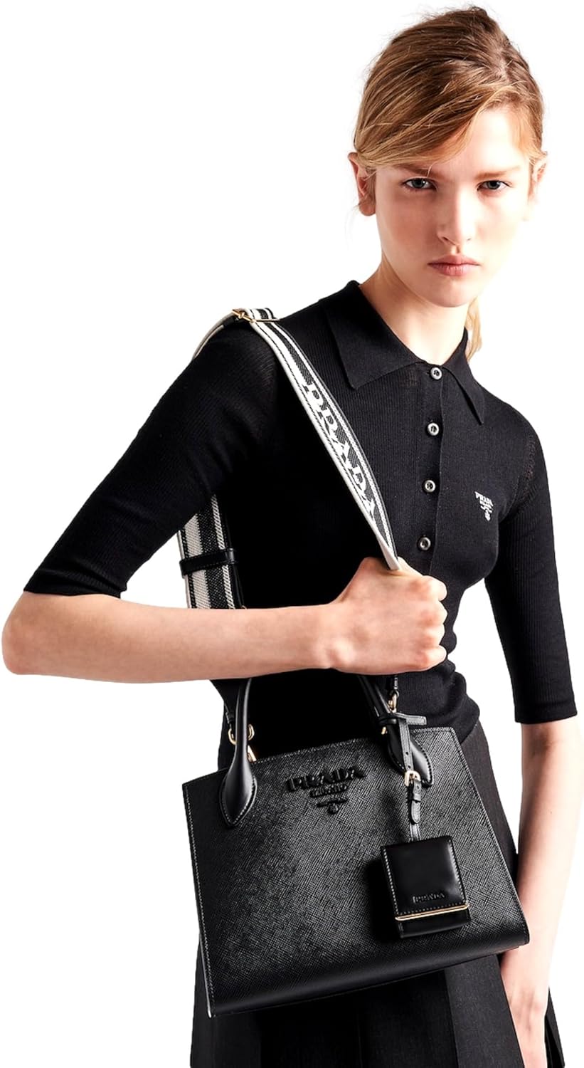 Prada Saffiano Leather Tote Bag, Top Handle, Crossbody, Black · v3