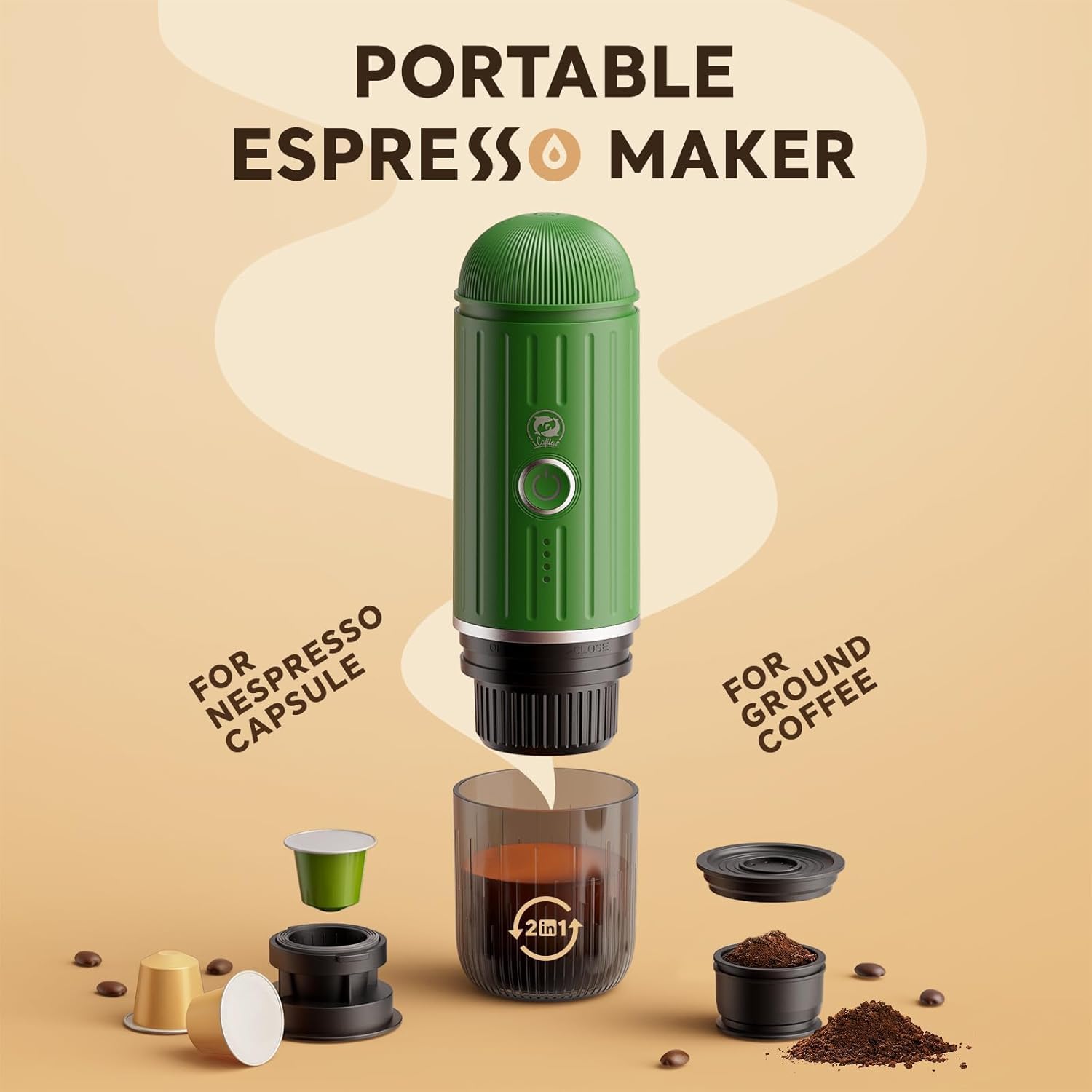 Rich Crema Portable Electric Espresso Coffee Maker, Travel Car Hiking, Fast self-heating 2 IN 1 Extraction System Espresso Machine, Support Ground Coffee and NS capsule, ME2218 (Green) · v9