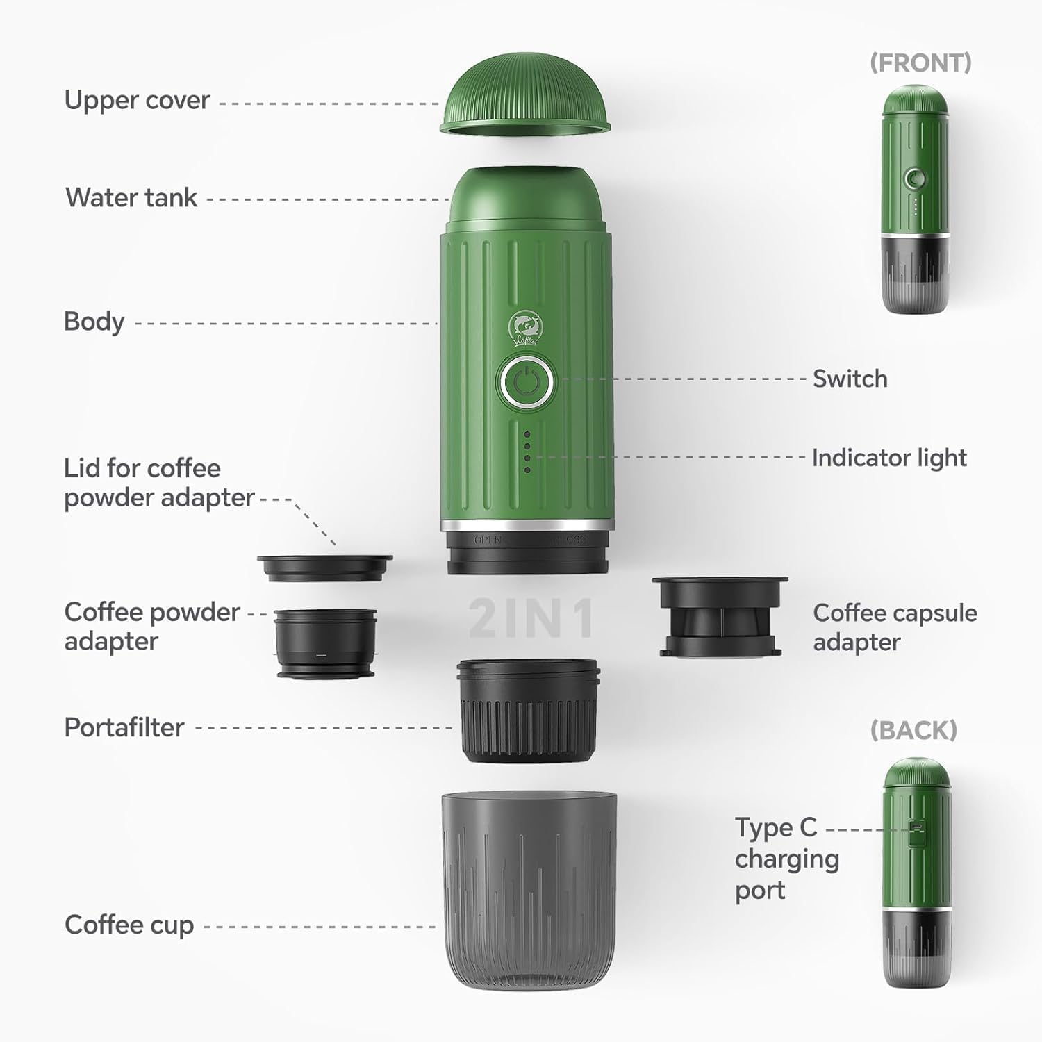 Rich Crema Portable Electric Espresso Coffee Maker, Travel Car Hiking, Fast self-heating 2 IN 1 Extraction System Espresso Machine, Support Ground Coffee and NS capsule, ME2218 (Green) · v9
