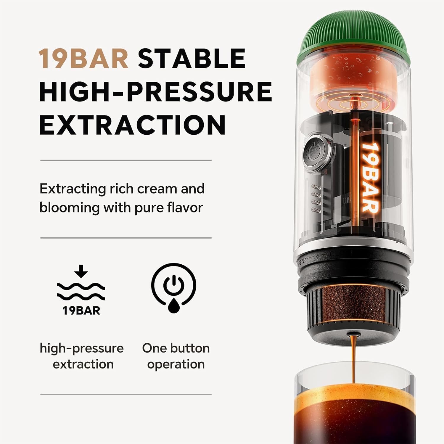 Rich Crema Portable Electric Espresso Coffee Maker, Travel Car Hiking, Fast self-heating 2 IN 1 Extraction System Espresso Machine, Support Ground Coffee and NS capsule, ME2218 (Green) · v9
