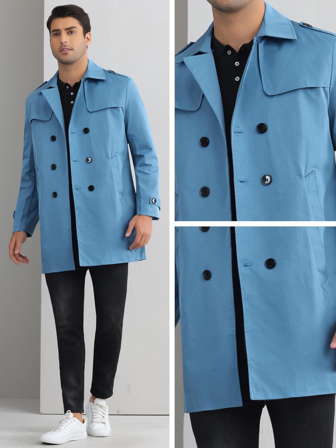 Gabardina Lars Amadeus para hombre, chaqueta larga, cortavientos, solapa con muesca, doble botonadura